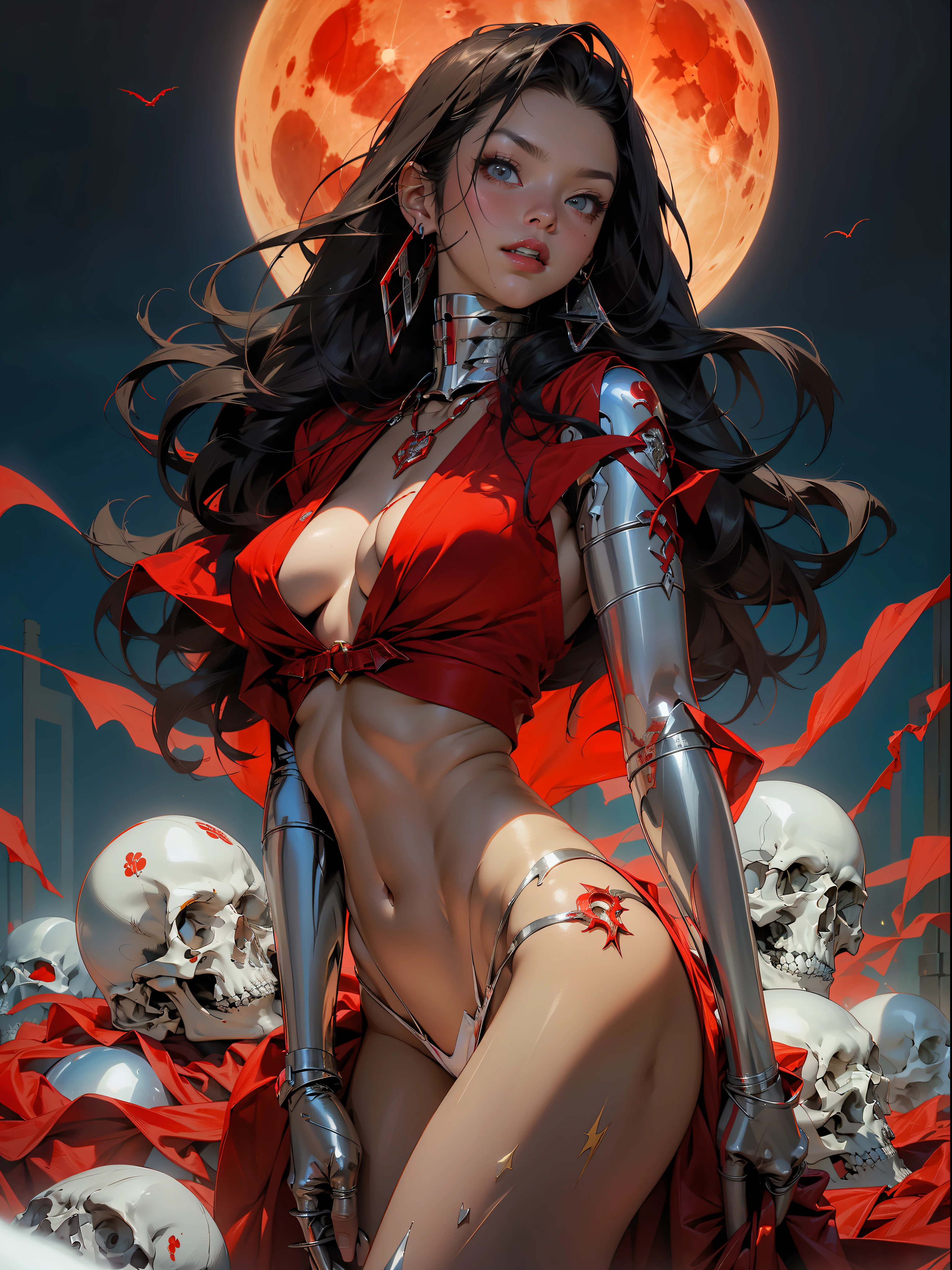 Sorayama style, metallic arm, ((( best quality ))), ((( masterpiece ))), ((( absurdres ))), (( whole body))), Goddess of death wielding a large scythe, hair totally black as night, silver star glued to the body, vampire wearing a red cape, perfect and defined body, Simon Bisley style for a cover of Heavy Metal magazine, (( tiny thong made of gleaming metal )), (( large breasts semi covered by gleaming metal )), generous neckline, necklace of small human skulls, earring of bones, night scenery with a gigantic blood moon, ((( whole body ))), ((( red ))), ((((whole body)))