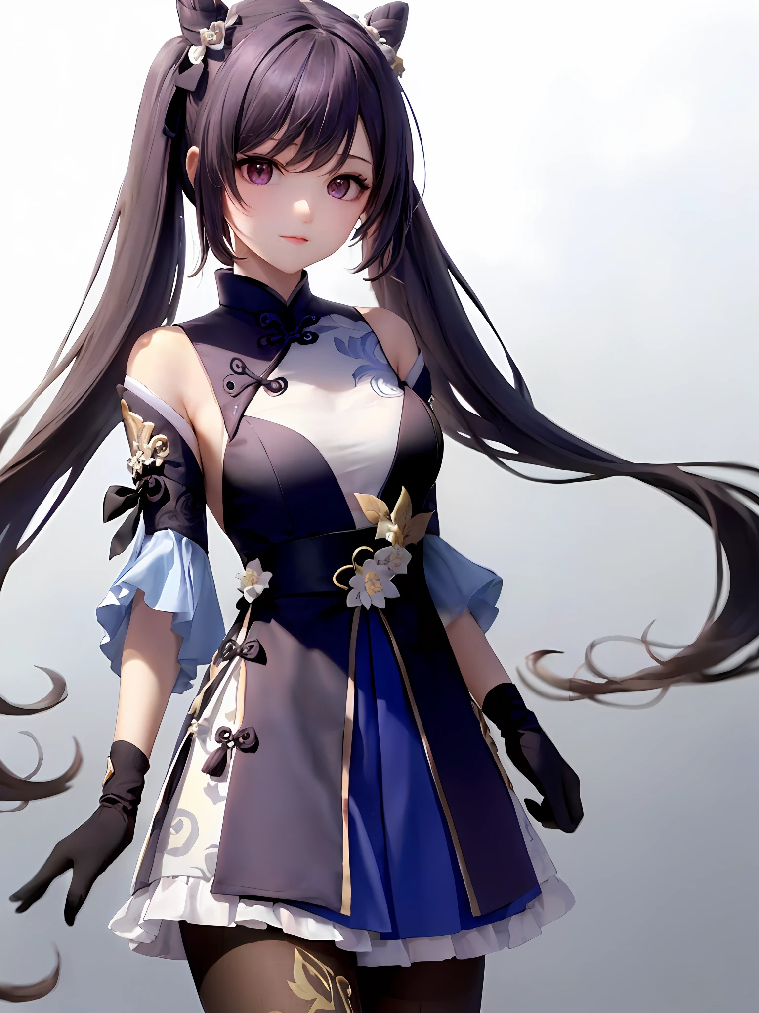 1girl huge large breasts, (Single person:1.2)，(巨作:1.2), (Best quality:1.2), Break [Blue:peach red:0.5] Theme, (gradient backgrounds :1.1), Cowboy shot, Upper body body，Cinematic light，(Perfect Hand 1.5)， Slender beautiful legs，Flat chest，Playful，(Background of ancient Chinese architecture:1.2)，long  sleeves，Purple eyes，black lence stockings，mitts，