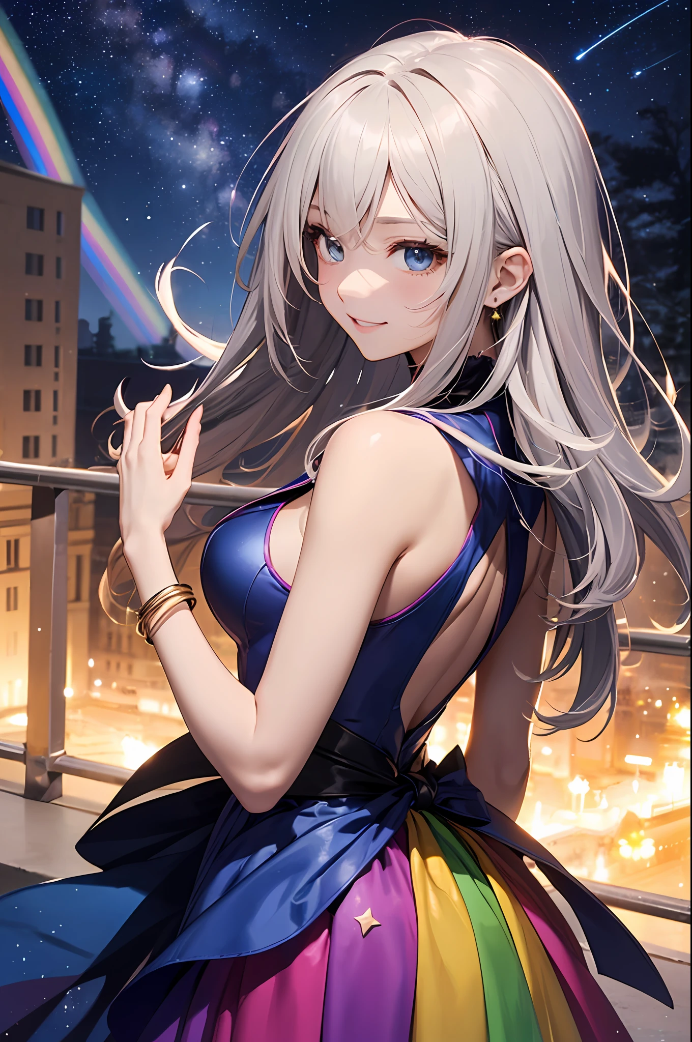 Dark Magician Girl、MKSKS style、独奏、(highly detailed back ground:1.0)、(highly detailed back ground:1.0)、шедевр、beste-Qualit、in 8K、Blue eyes、Pose with both hands raised and sides visible、Upper body body、Hair ornament with emerald、Reddish cheeks、Smiling、(1/2 Gray and 1/2 golden hair、Two-tone hair)、(Upper body body)、(Colorful dress with a lot of draping、Rainbow dress:1.3)、Fur muffler、Silver necklace、Silver bracelet、milkyway、night sky full of stars、shooting stars、fullmoon、nights --auto