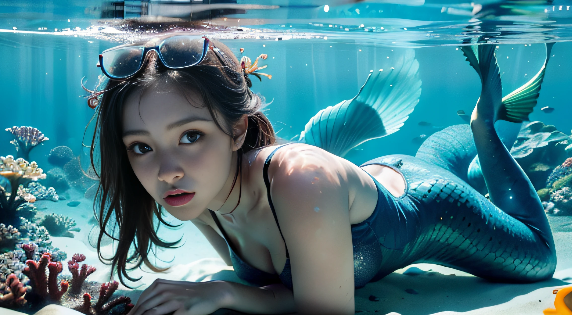 (a masterpiece of),Awesome,superhighresolution,1girl huge large breasts,Underwater,ocean floor,Reef fish and vines abound,(mermaids)The girl stares at you,sparkle in eyes，Underwater shots，A clear underwater world，Clear water，See the face and the whole body clearly，A transparent underwater world