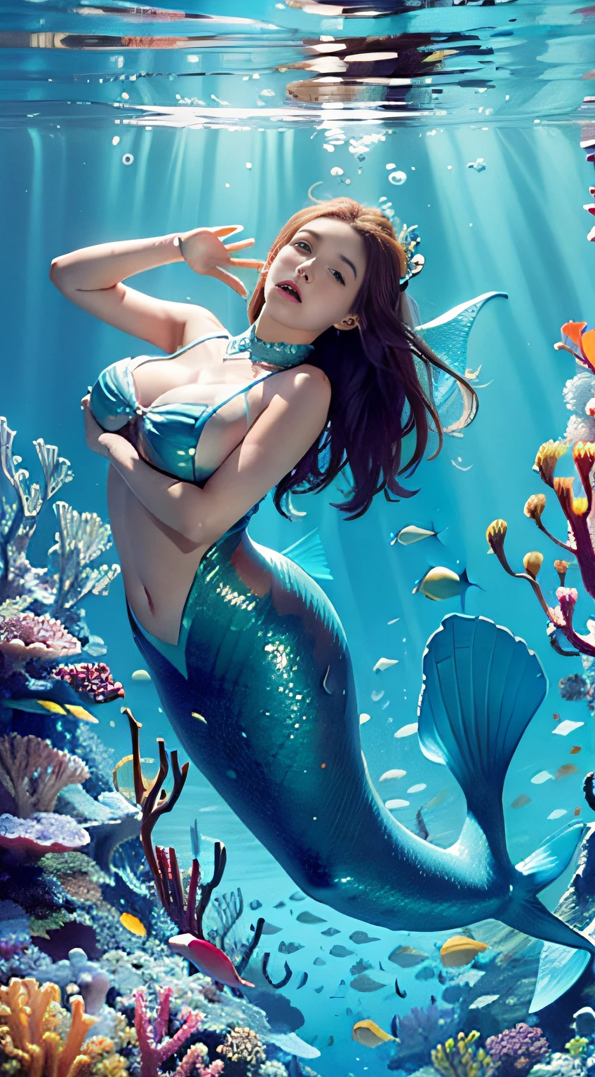 (a masterpiece of),Awesome,superhighresolution,1girl huge large breasts,Underwater,ocean floor,Reef fish and vines abound,(mermaids)The girl stares at you,sparkle in eyes,Underwater shots,A clear underwater world,Clear water,See the face and the whole body clearly,A transparent underwater world
