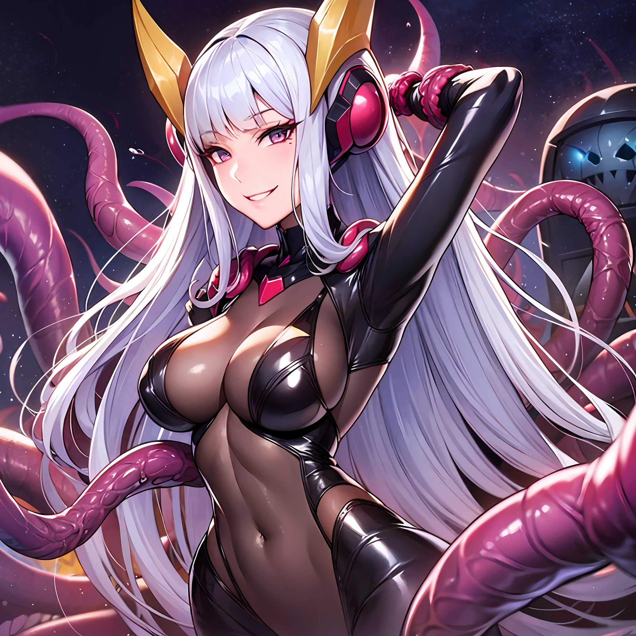 Woman wearing hot water dripping tentacles、wicked smile、Lustrous tentacles、Has tentacle whips、Cel Shade Adult Animation、Metroid Suit、long hair