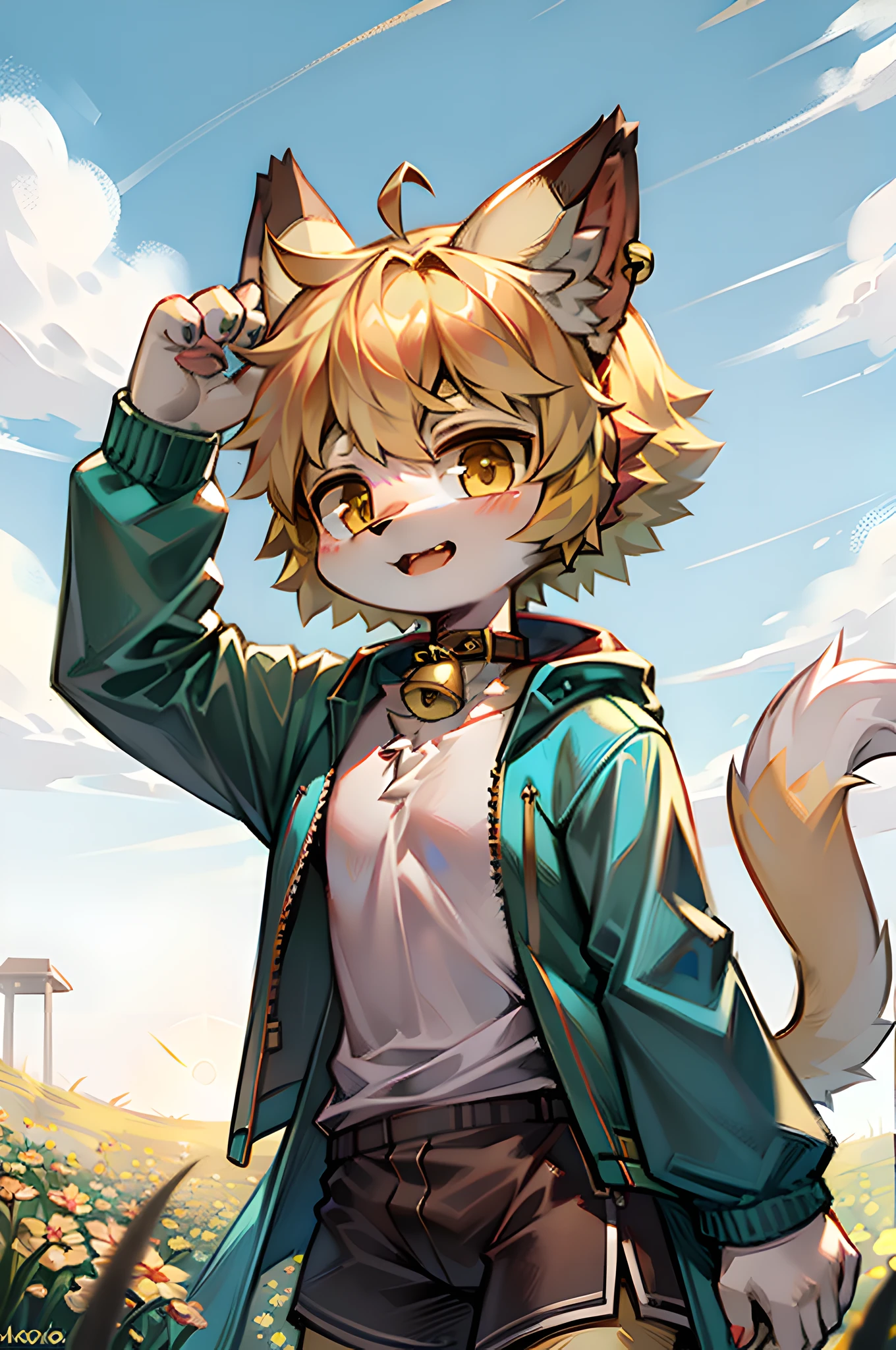 field, garden, band-aid, short hair, blonde, ahoge, bell collar, headphones, lower body, child, furry, cat ears, open mouth, clouds, sky, sky, sun, in summer, no spots, cubs, yellow hair everywhere, yellow fur everywhere, cat ears, cat type, big fluffy tail, masterpiece, high-quality portrait, human figure, cub, beard, lone child boy, wind, pose, full shot, sky blue coat, gray shorts, yellow scarf, white shirt, super cute face, Hands, meat pads, layered, Furry