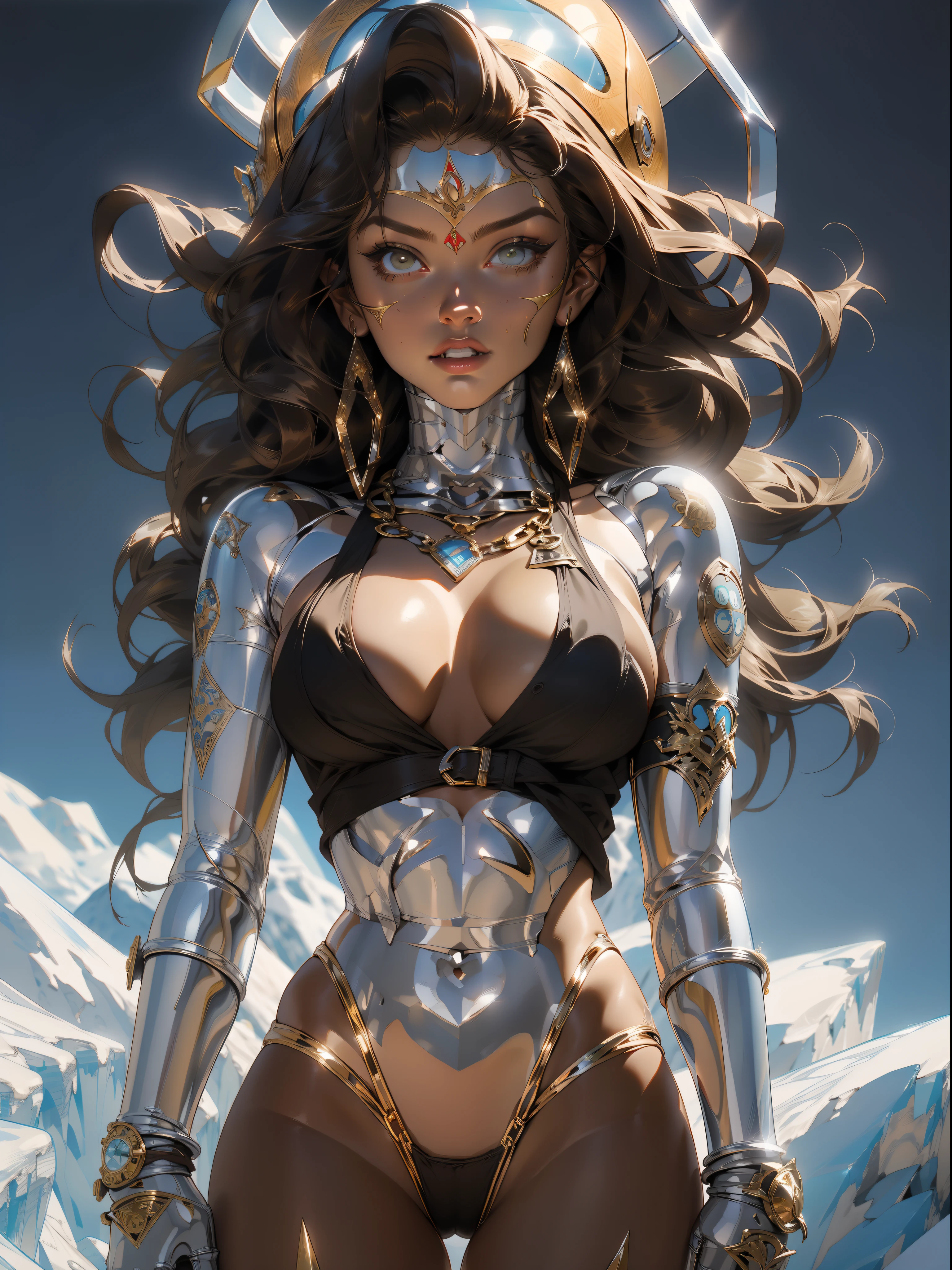Sorayama style, metallic arm, (((best quality))), ((( masterpiece ))), ((( absurdres ))), ((( whole body))), gleaming metal helmet covering her entire face, muscular woman beautiful warrior Barbara wielding a large sword, Conan the Barbarian style, Simon Bisley style for a cover of Heavy Metal magazine, (( tiny thong made of gleaming metal )), (( large breasts semi covered by gleaming metal )), generous neckline, necklace of bones and teeth, earring of bones, scenery of icy mountains, ((( whole body ))), ((( brown ))), ((((whole body)))