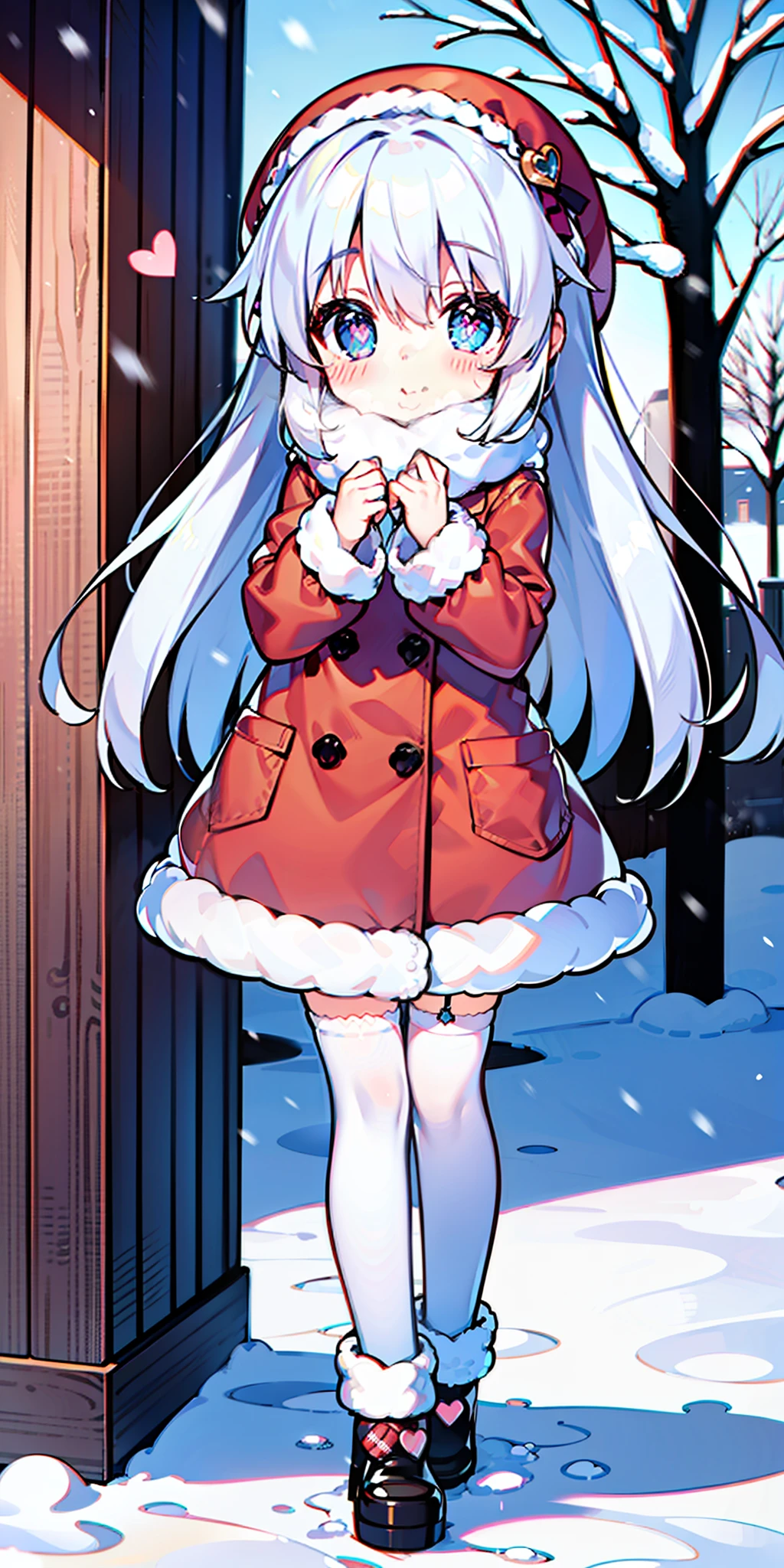 Loli, long hair, cute, heart-shaped pupils, solo, white hair, blush, winter, snow, outdoors, white stockings, standing