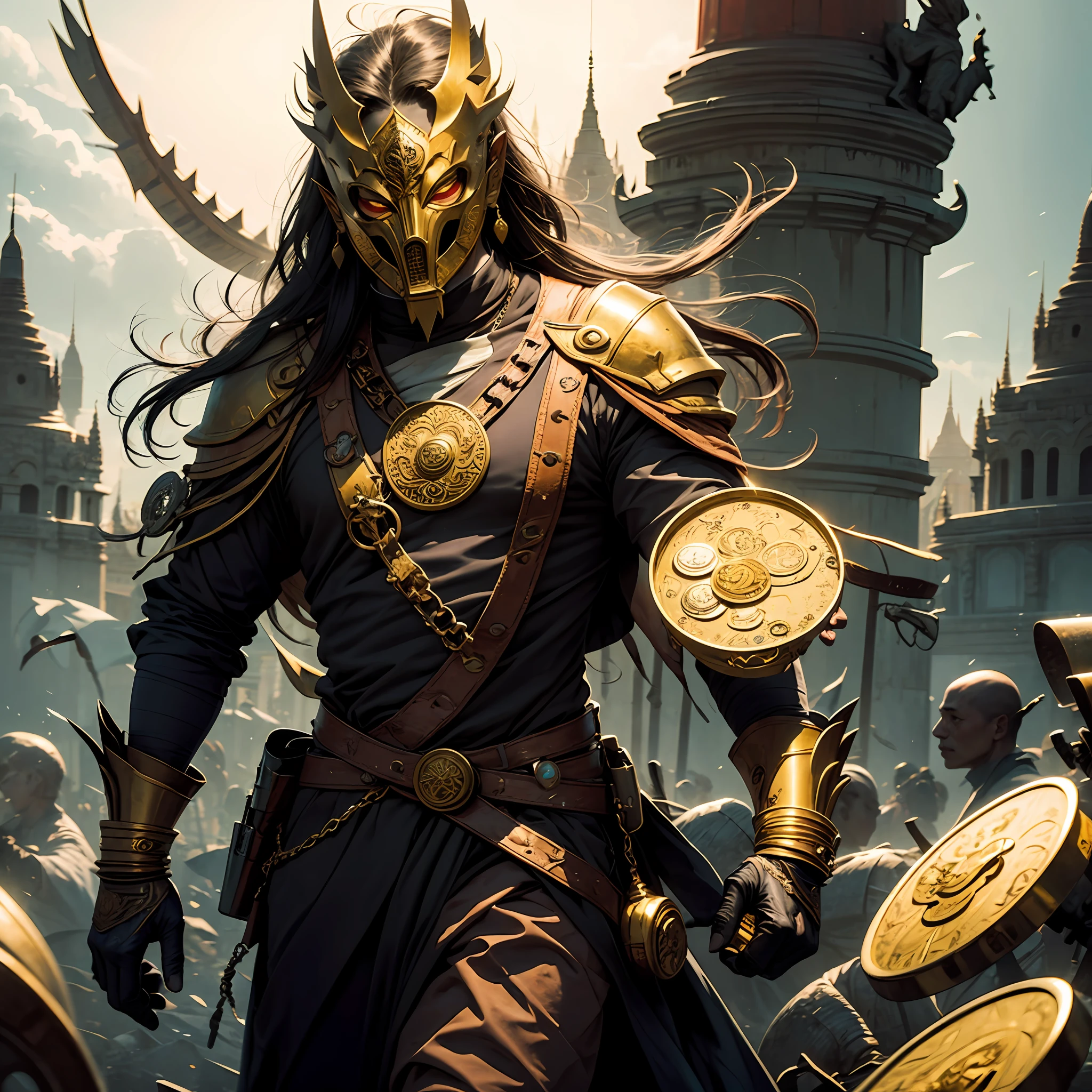 Bagan man,myanmar, an assassin, mask, golden coins --auto