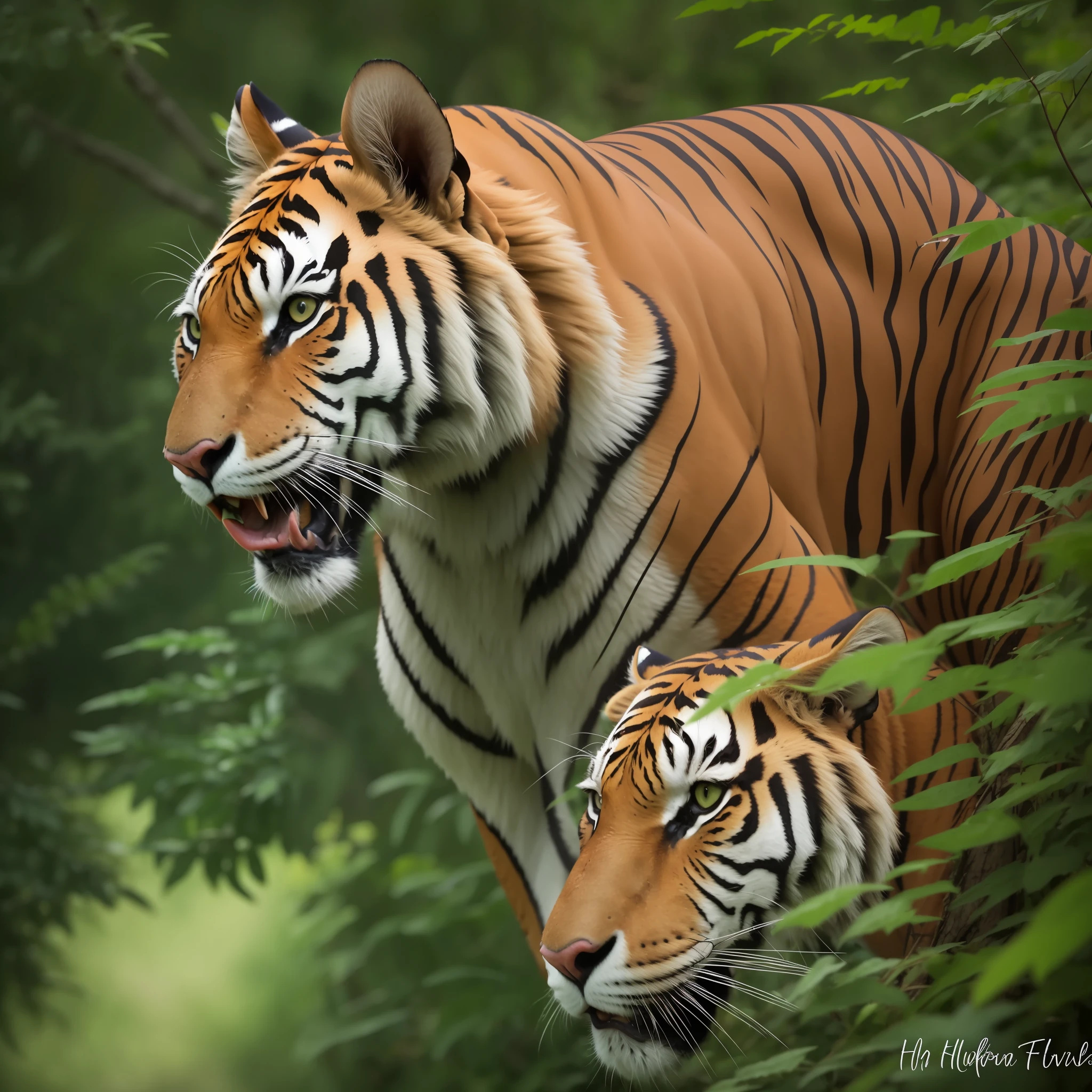 [Um tigre feroz furioso com listras pretas, contra uma paisagem montanhosa.], [A cena se passa em uma floresta, mountainous setting, and lush vegetation framing the tiger.], [Tense and dramatic, The atmosphere is charged with an air of imminent danger and joy.], [The atmosphere is vibrant and energized,  with the bold and fiery colours creating a sense of dynamism and excitement.], (Ela) and creating a sense of dimensionality that brings the scene to life.] ((Hiper realista))