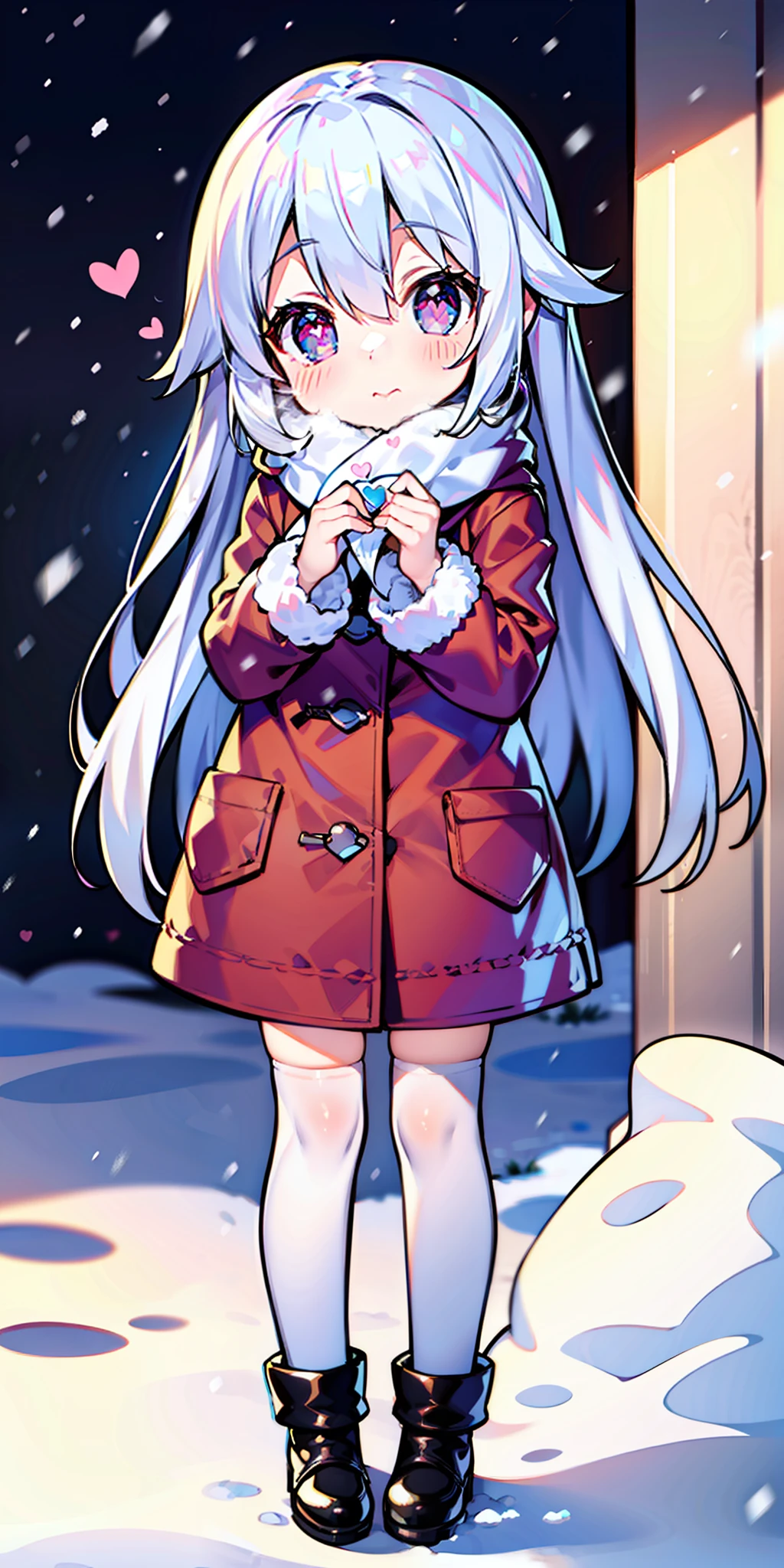 Loli, long hair, cute, heart-shaped pupils, solo, white hair, blush, winter, snow, outdoors, white stockings, standing