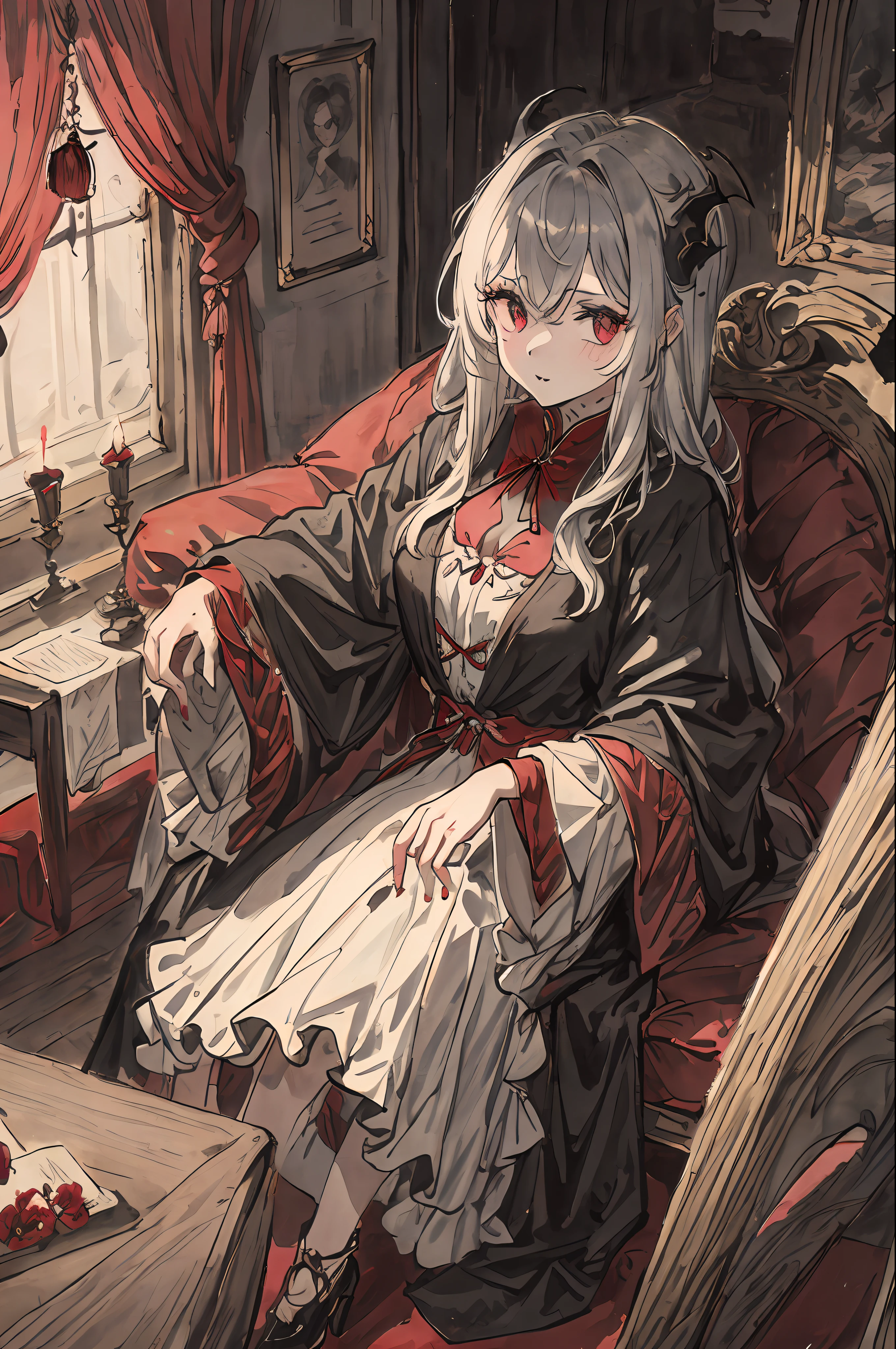 ((шедевр))、((beste-Qualit))、((Official art))、8K、very detailed illustration、One girl、Gray hair、Long straight hair、Detailed eye、(Interior of the old castle 1.2)、dimly lit by、(Gorgeous Gothic Dress 1.2)、((Dracula's daughter))、((deadpan))、Fair skin、(Clear 1.5)、Meek、Clothing、Bewitching