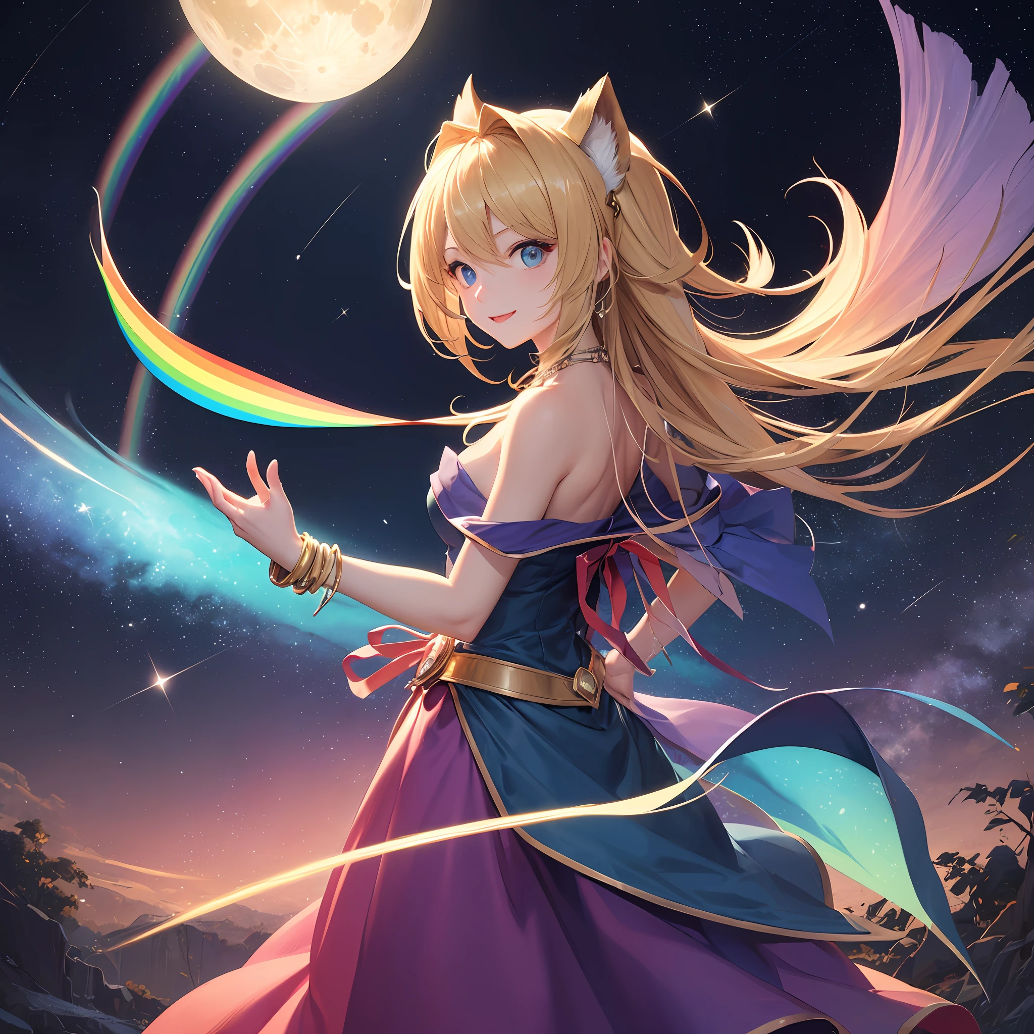 Dark Magician Girl、MKSKS style、独奏、(highly detailed back ground:1.0)、(highly detailed back ground:1.0)、шедевр、beste-Qualit、in 8K、Blue eyes、Pose with both hands raised and sides visible、Upper body body、Hair ornament with emerald、Reddish cheeks、Smiling、(1/2 Gray and 1/2 golden hair、Two-tone hair)、(Upper body body)、(Colorful dress with a lot of draping、Rainbow dress:1.3)、Fur muffler、Silver necklace、Silver bracelet、milkyway、night sky full of stars、shooting stars、fullmoon、nights --auto