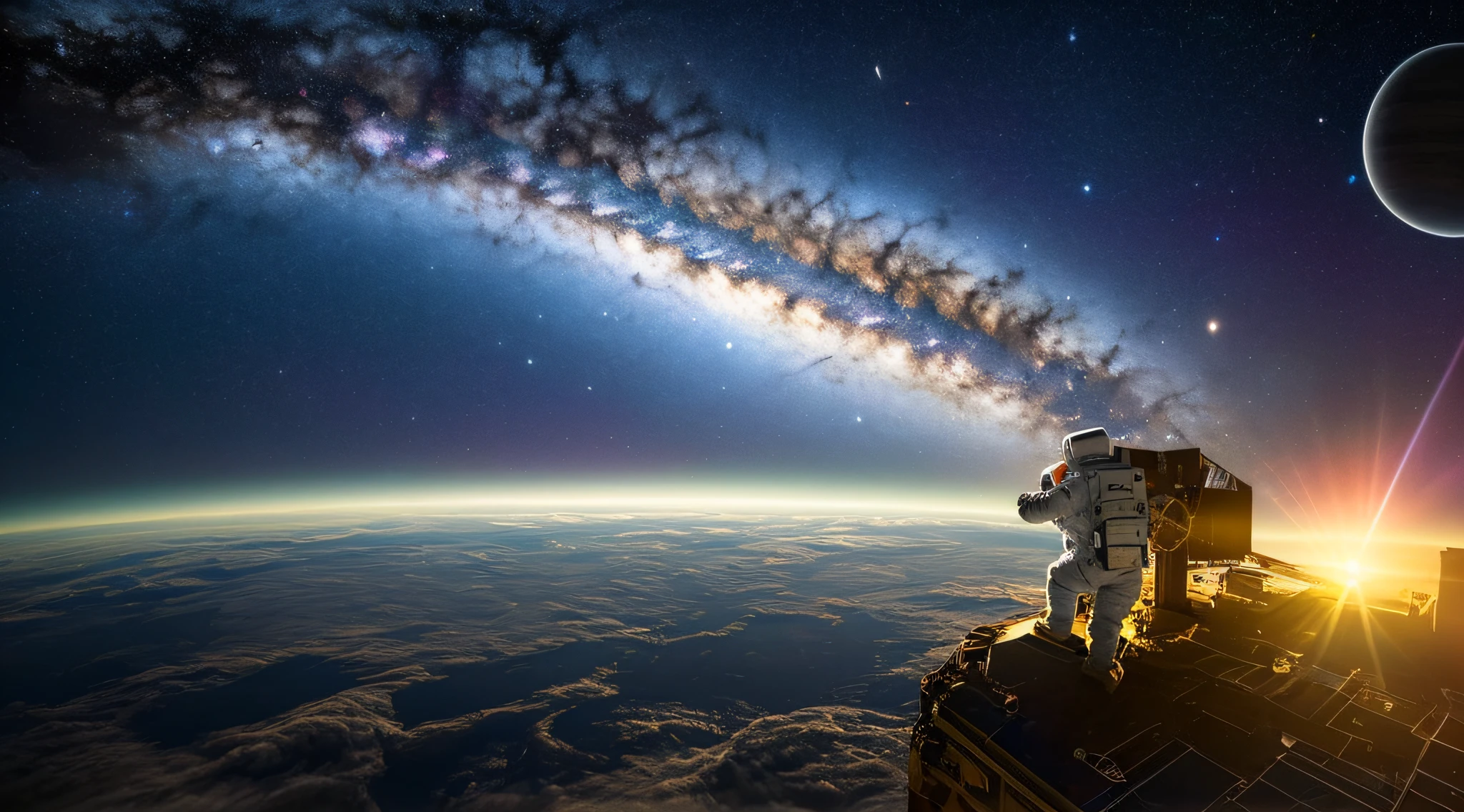 an Astronaut in Spacesuit, sitting on a research platform, space ship floating in the middle of deep dark space. Dramatic lighting from distant stars and planets illuminates the scene,. The Astronaut looking at the vast and mysterious universe with wonder and respect, through large window