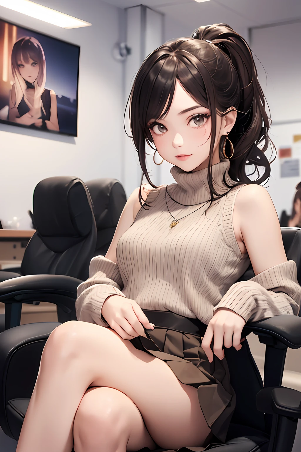 first-person-view, (Innocent and Cute girl:1.3), (Wearing sleeveless turtleneck sweater: 1.2), (Pleated mini skirt:1.2), (Thin black tights), ((Zettairyouiki:1.3)), (High-Ponytail hairstyle, Light brown hair, wavy hair), medium large breasts, (Sitting on the Office chair with one's legs crossed:1.4), looking up at me, (Full body shot:1.2), BREAK, (Masterpiece: 1.3), (Maximum resolution: 1.2), (Ultra HDTV: 1.2), Cinema Light, Ultra HDTV, (Detailed eyes and skin:1.2), (Detailed facial features), HDR, 8k resolution, Sharp focus: 1.2, Perfect style, Beautiful face, beautiful legs, accurate, anatomically correct, Highly detailed face and skin texture, Detailed eyes, Brown eyes, Double eyelids, Thin eyebrows, Glitter Eyeliner, Natural cheeks, fair skin: 1.2, earrings, without a shiny small necklace, (Glossy lips: 1.4),