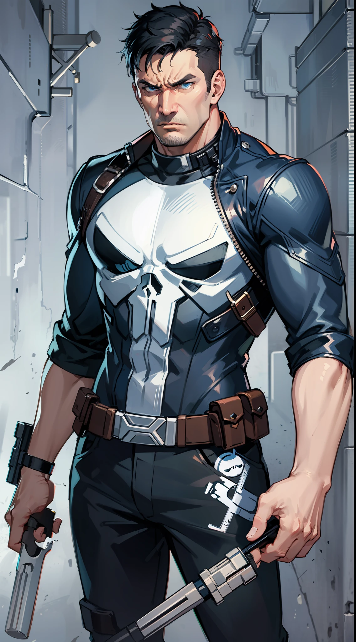 adult man, Short black hair, blue eyes, angry, the Punisher, Masterpiece, highly quality