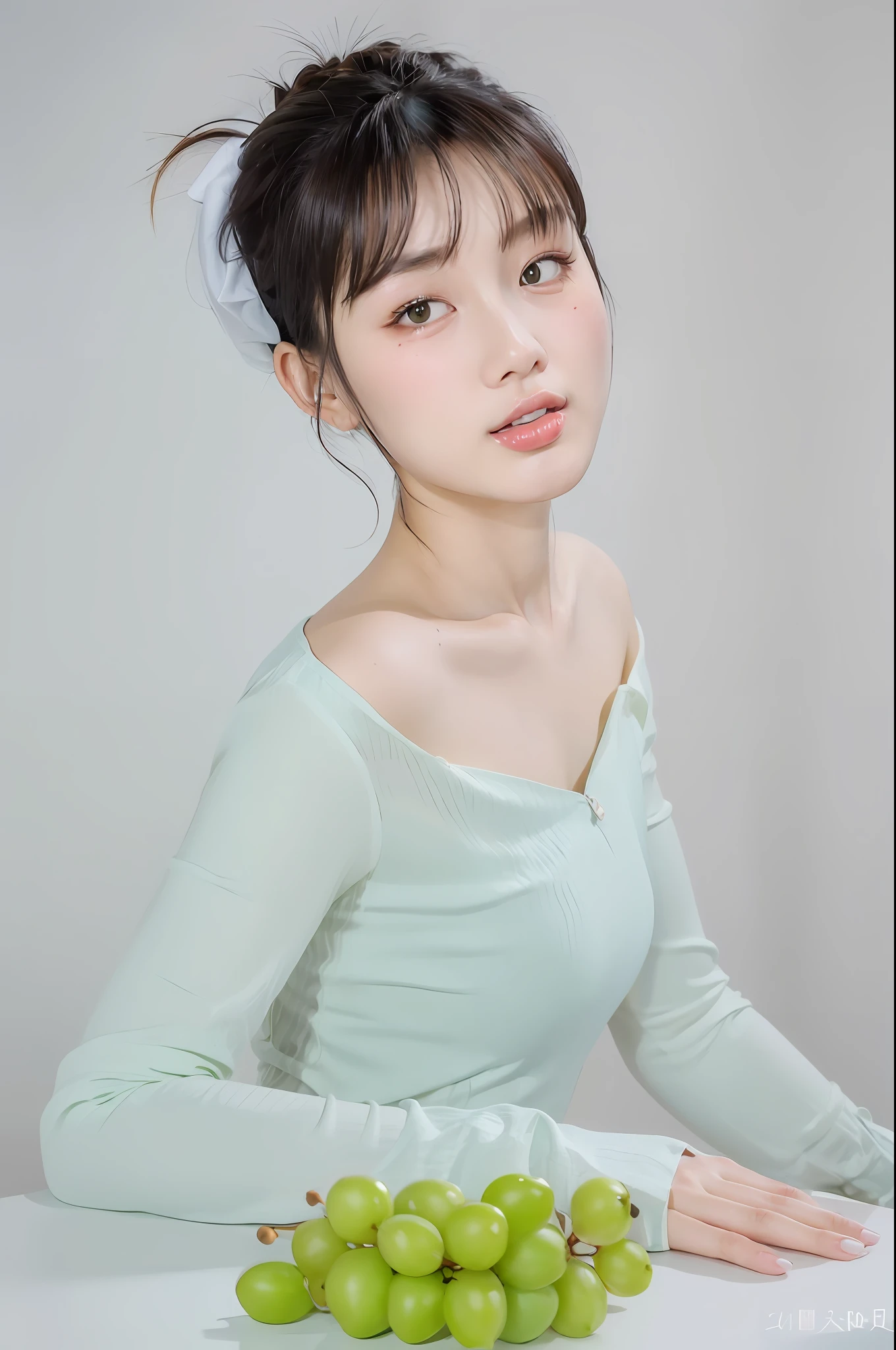 The Araff woman sat at the table，Holding a bunch of grapes in his hand, Yun Ling, wenfei ye, xintong chen, li zixin, yanjun cheng, full body xianxia, gorgeous chinese models, xue han, Lu Ji, chengyou liu, xision wu, Chinese girl, young cute wan asian face, qifeng lin, mingchen shen