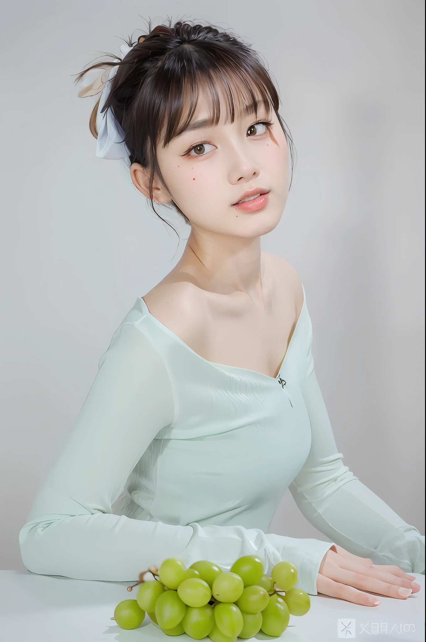 The Araff woman sat at the table,Holding a bunch of grapes in his hand, Yun Ling, wenfei ye, xintong chen, li zixin, yanjun cheng, full body xianxia, gorgeous chinese models, xue han, Lu Ji, chengyou liu, xision wu, Chinese girl, young cute wan asian face, qifeng lin, mingchen shen