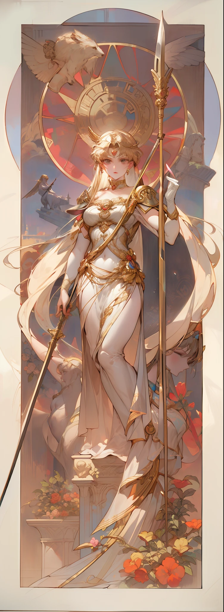 A woman with a sword and spear in her hand, Goddess of battle,Thomas Blackhill, Michael Parkes, j. c. leyendecker 8 k, greek goddess athena, j c leyendecker 8 k, alphonse mucha j. c. Ryan Decker, portrait of celtic goddess diana, venus godness athena, alphons mucha
