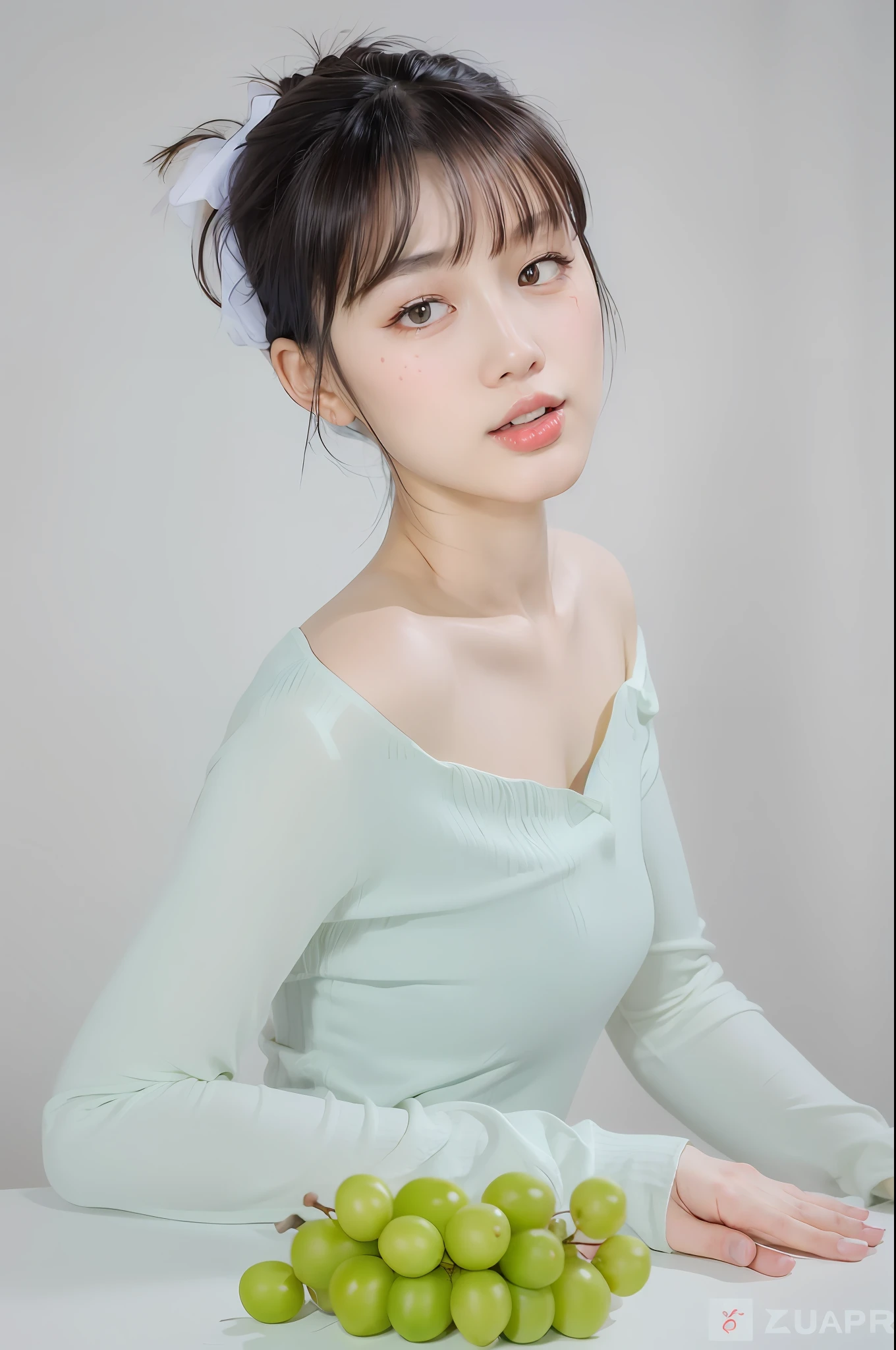 The Araff woman sat at the table,Holding a bunch of grapes in his hand, Yun Ling, wenfei ye, xintong chen, li zixin, yanjun cheng, full body xianxia, gorgeous chinese models, xue han, Lu Ji, chengyou liu, xision wu, Chinese girl, young cute wan asian face, qifeng lin, mingchen shen