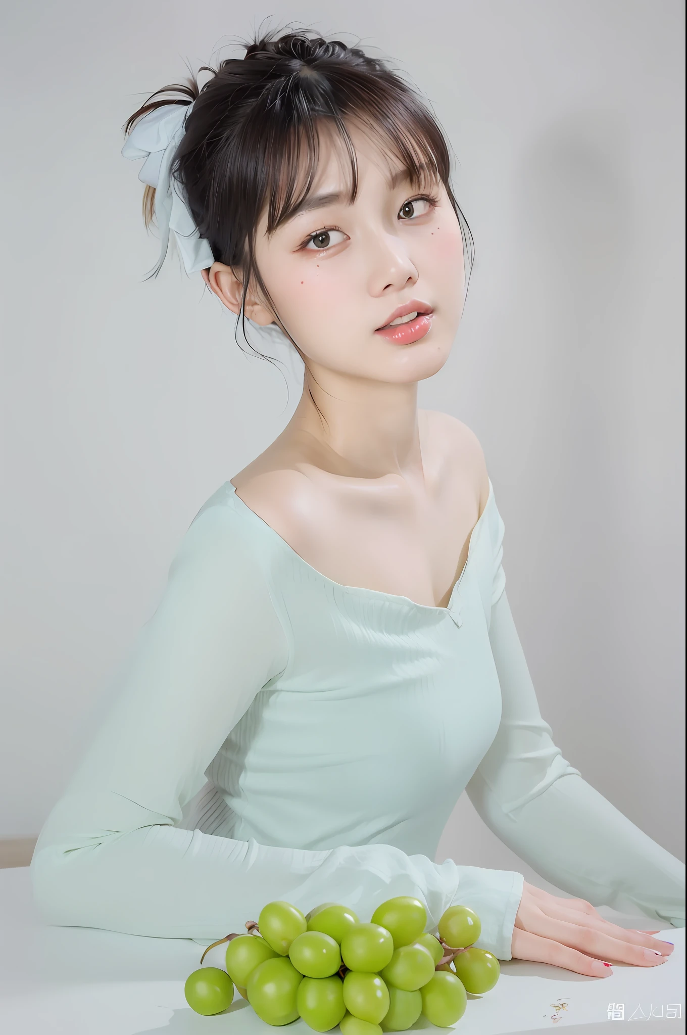 The Araff woman sat at the table,Holding a bunch of grapes in his hand, Yun Ling, wenfei ye, xintong chen, li zixin, yanjun cheng, full body xianxia, gorgeous chinese models, xue han, Lu Ji, chengyou liu, xision wu, Chinese girl, young cute wan asian face, qifeng lin, mingchen shen