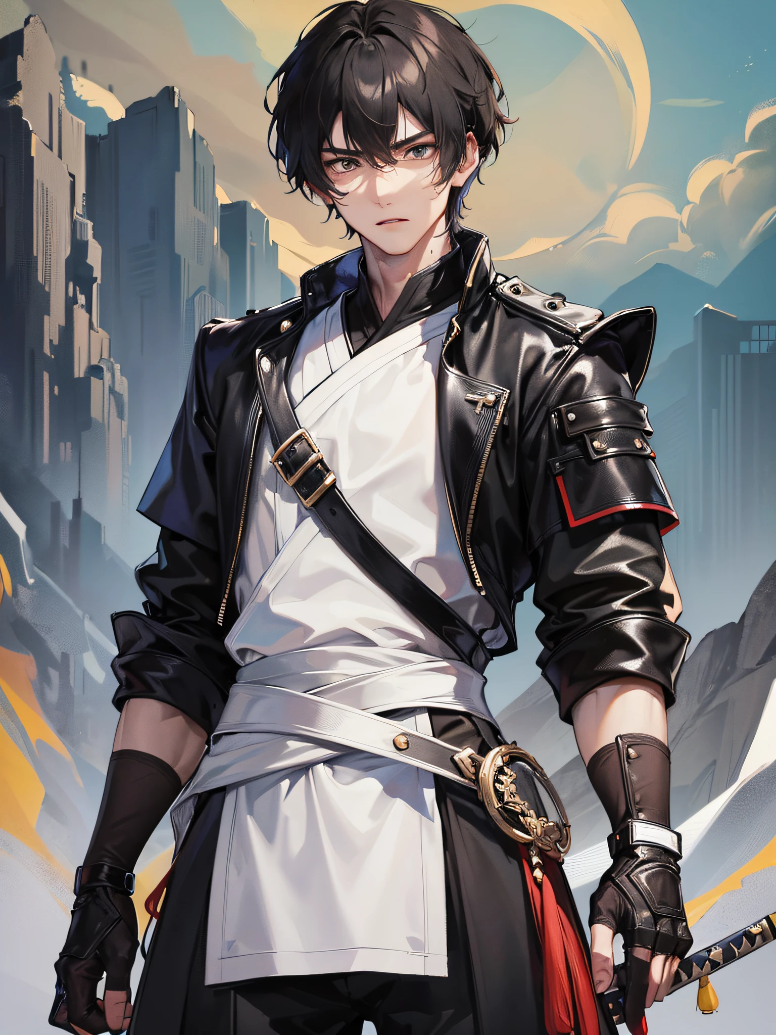 a masterpiece,of the best quality,a man,Short hair in the black,Wear casual attire,There is a waist tag hanging around the waist,The expression is serious,Hold in a Chinese long sword,Stand deep in the mountains