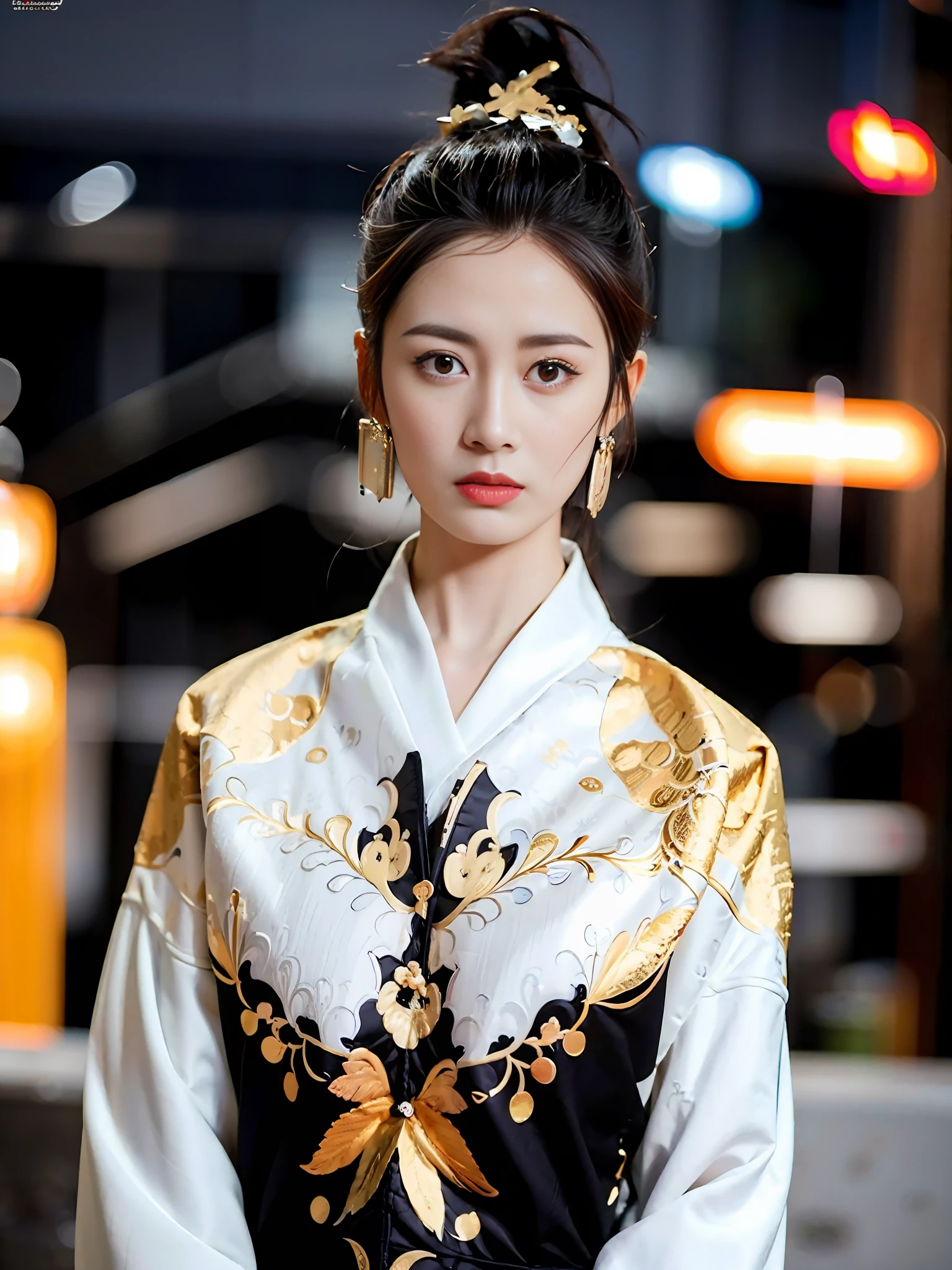 feiyu_clothes, white fabric, gold embroidery,  black bracer with golden embroidery,  white collar, high ponytail,  headband, depth of field, night cityscape, (1girl:1.6),   ulzzang-6500v1.1, (original: 1.2), (realistic: 1.3) , beautiful girl with beautiful details, extremely detailed eyes and face, eyes with beautiful details, absurd, incredibly absurd, huge file size, ultra detail, high resolution, ultra detailed, best quality, masterpiece, illustration, ultra detailed and beautiful, ultra detailed, CG, unity, 8k wallpaper, amazing, fine Detail, masterpiece, top quality, official art, extremely detailed CG unity 8k wallpaper, cinematic lighting, (perfect shiny skin:0.6), slim and smooth lines, (floating), (small breasts:1),  earrings ,