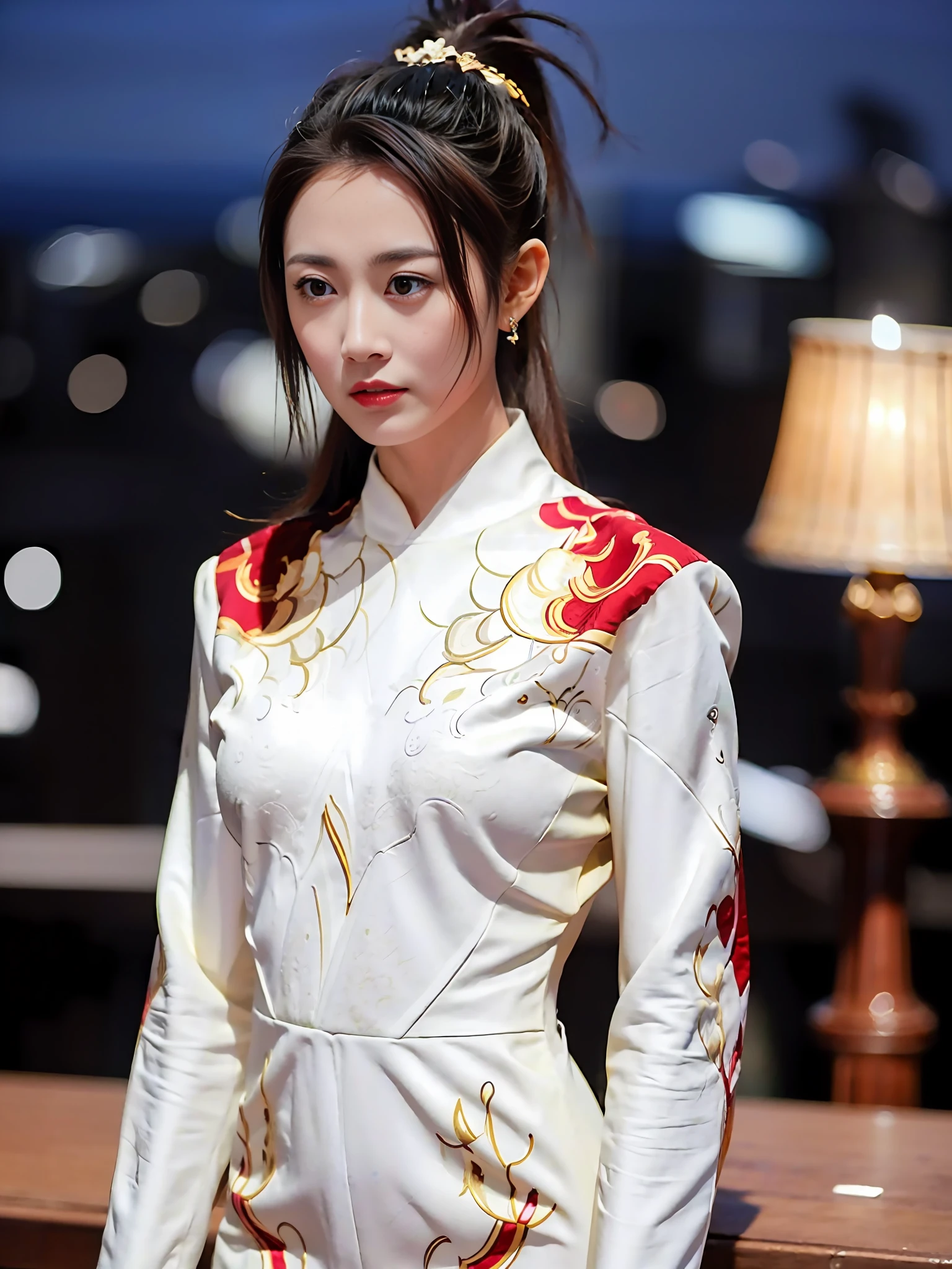 feiyu_clothes, white fabric, gold embroidery,  black bracer with golden embroidery,  white collar, high ponytail,  headband, depth of field, night cityscape, (1girl:1.6),   ulzzang-6500v1.1, (original: 1.2), (realistic: 1.3) , beautiful girl with beautiful details, extremely detailed eyes and face, eyes with beautiful details, absurd, incredibly absurd, huge file size, ultra detail, high resolution, ultra detailed, best quality, masterpiece, illustration, ultra detailed and beautiful, ultra detailed, CG, unity, 8k wallpaper, amazing, fine Detail, masterpiece, top quality, official art, extremely detailed CG unity 8k wallpaper, cinematic lighting, (perfect shiny skin:0.6), slim and smooth lines, (floating), (small breasts:1),  earrings ,