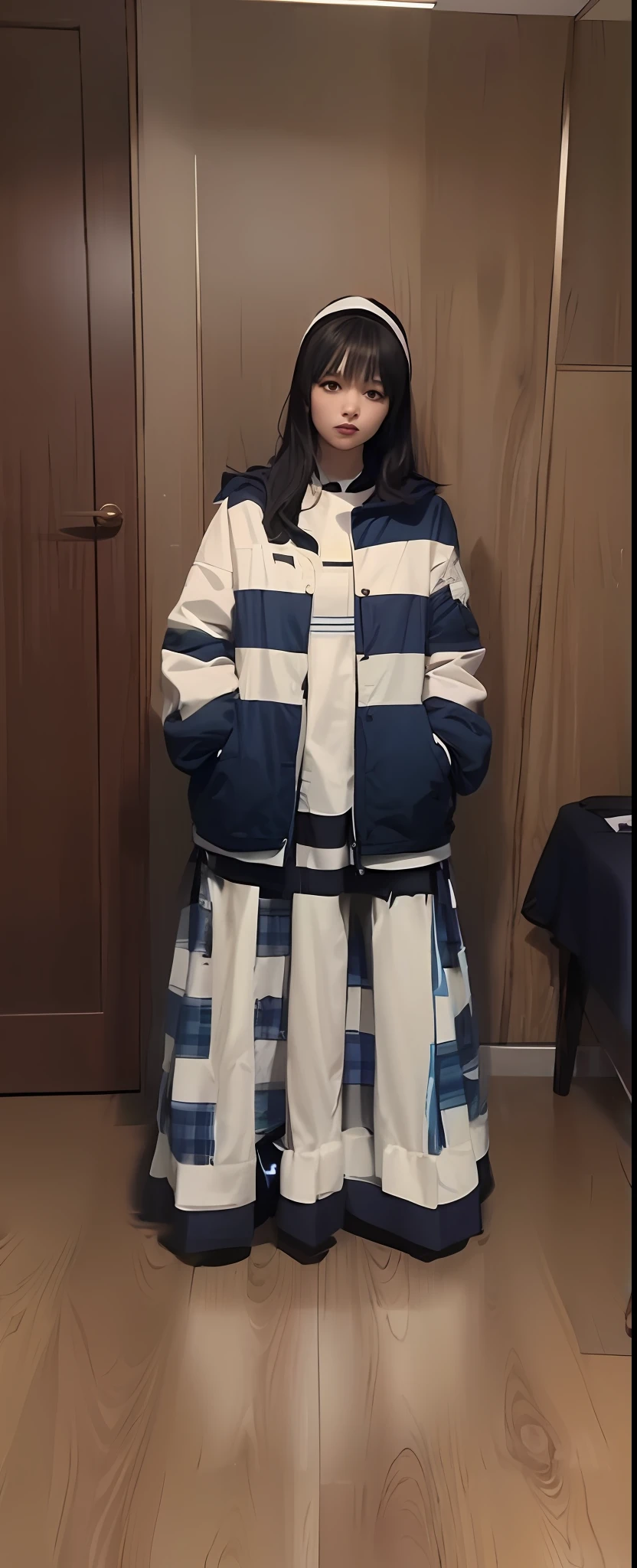 arafed woman in a blue and white coat standing in a room, dressed with long fluent clothes, clothes in the style of 1 9 9 0, multilayered outfit, Japanese clothes, y 2 k style, y2k style, 90s japan, wearing a fisher 🧥, She is seen wearing streetwear pieces, Wearing!!! clothes!!!, japanese streetwear