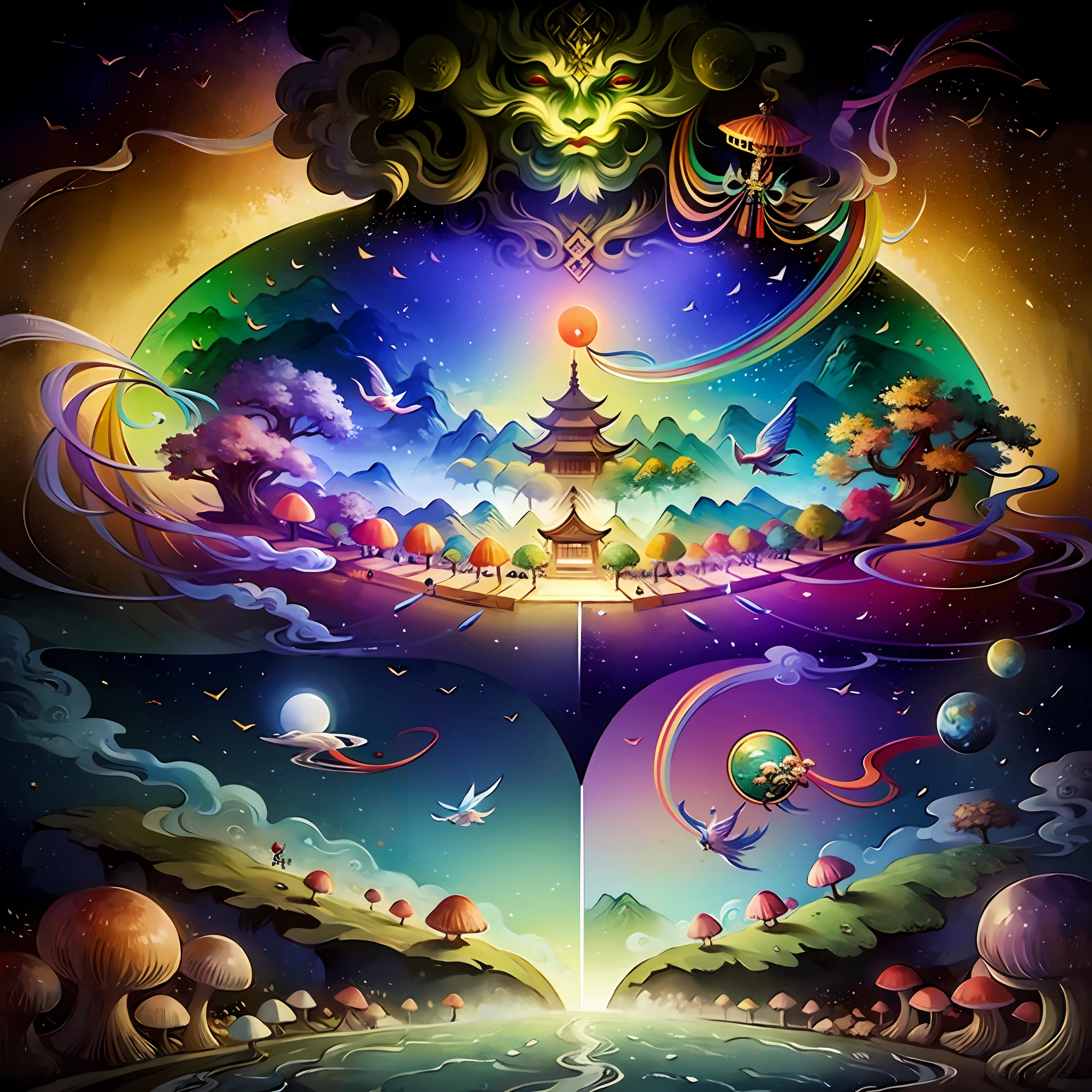 An ancient Chinese painting, ancient Chinese background, mountains, rivers, auspicious clouds, pavilions, sunshine,(psychedelic details),(mushrooms),(rainbow),(trippy),(DMT),(Buddha),intricate details, more details, high details,masterpieces, super detail, epic composition, ultra HD, high quality, extremely detailed, official art, unified 8k wallpaper, Super detail, 32k -- v 6