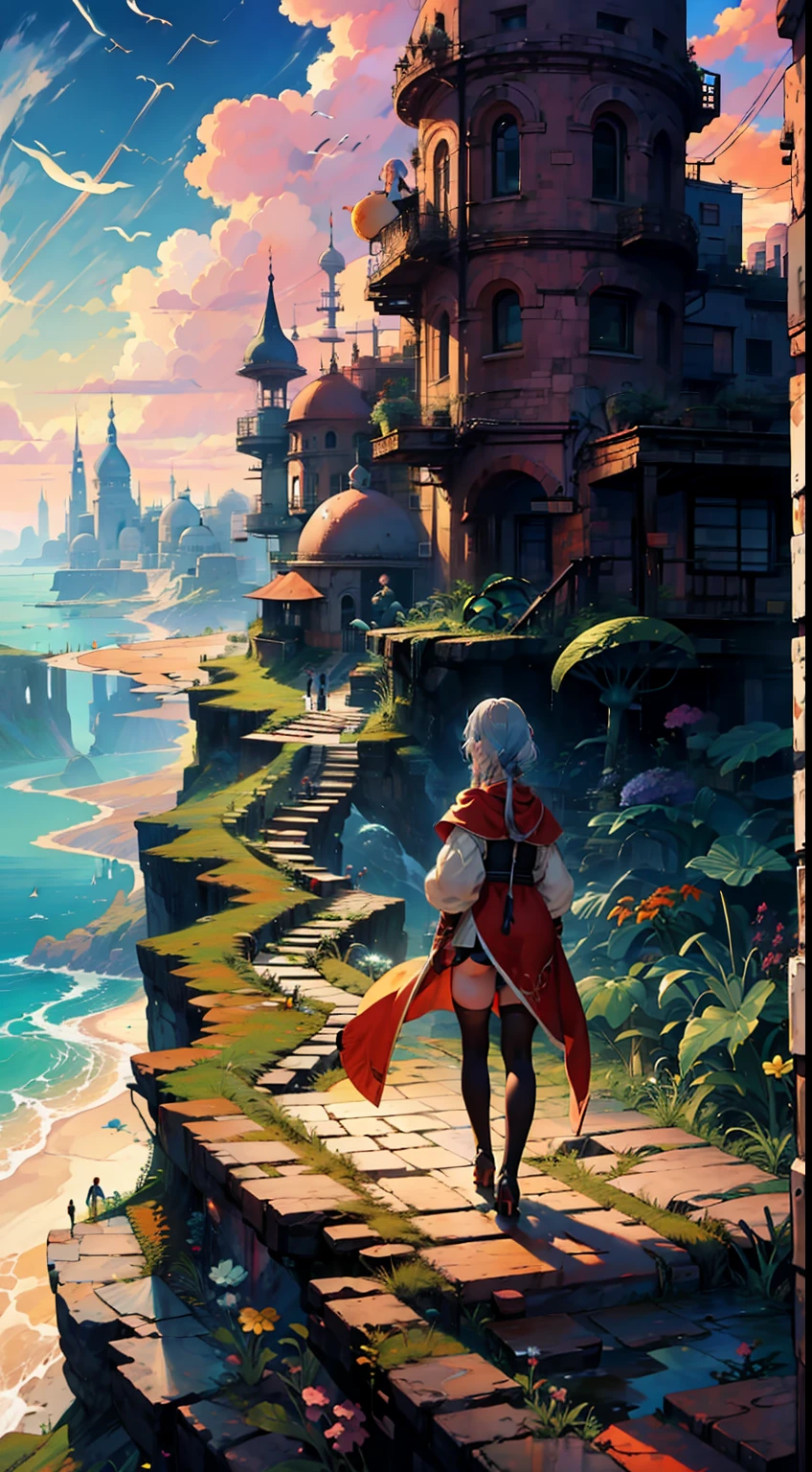 Overlooking the sea, overlooking a city, 1 Whole body of a girl, elvish, has silver hair, Red Eyes, bob cuts, Braids, Sorcerer, robe, frilld, tights, cloak, Walking, Seaside city, concept-art, beautiful anime scene, Beautiful anime scenery, beste-Qualit, шедевр