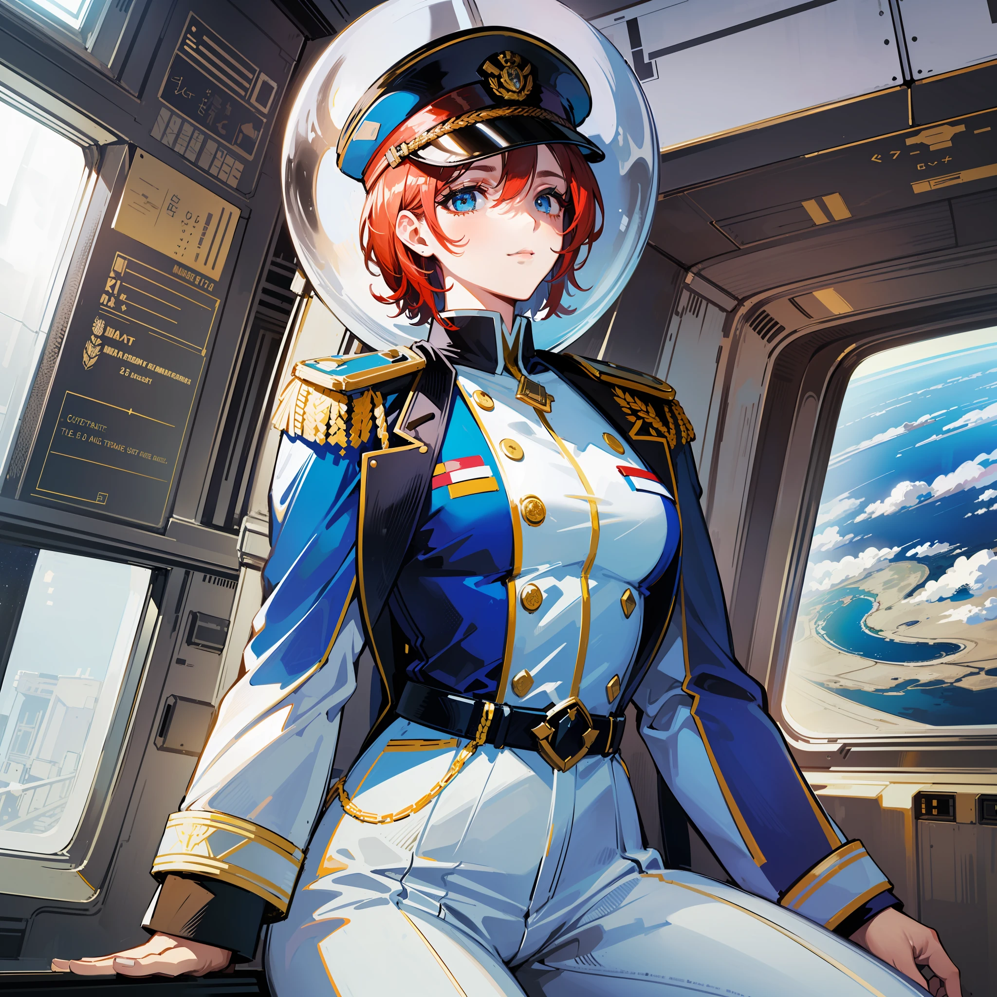 ((Masterpiece)), ((Highest Image Quality)), ((Best Quality)), (Illustration of One Girl), Full Body, 25 Years Old, Short Red Hair, (Thin Hair on Both Sides of Face), Blue Eyes, (((Tall)), ((Muscular Strong Body)), ((Manspreading)), Open Legs, (((Military Uniform)), (Military Hat)), (Military Coat)), (White Clothes), (White Pants), (White Hat), Trench Coat, ((Inside the spaceship, sitting in the captain's seat)), (outside the window, space, Earth seen from space, spaceport)