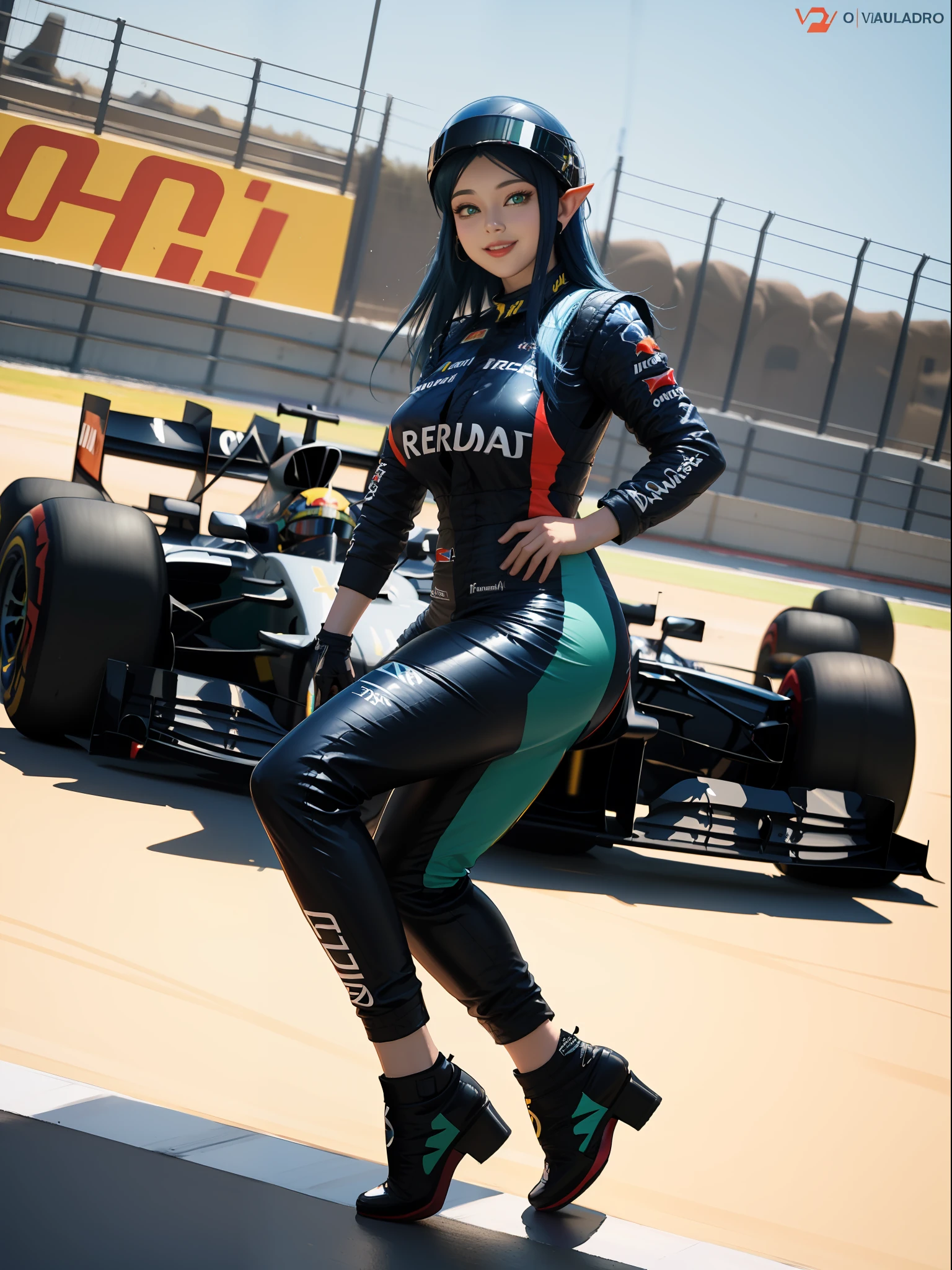 ((full body):1.5), {(Princess Zelda)}, {((wearing red formula 1 suit with various advertisements extremely tight-fitting suit)), Princess Zelda has ((dark blue hair and light green eyes)), ((has extremely gigantic breasts)), is looking at the viewer, smiling, ((doing erotic poses holding a formula 1 helmet)), ((at a formula 1 racing track in front of a car racing formula 1))}, 16k, high quality, high detail, UHD,
