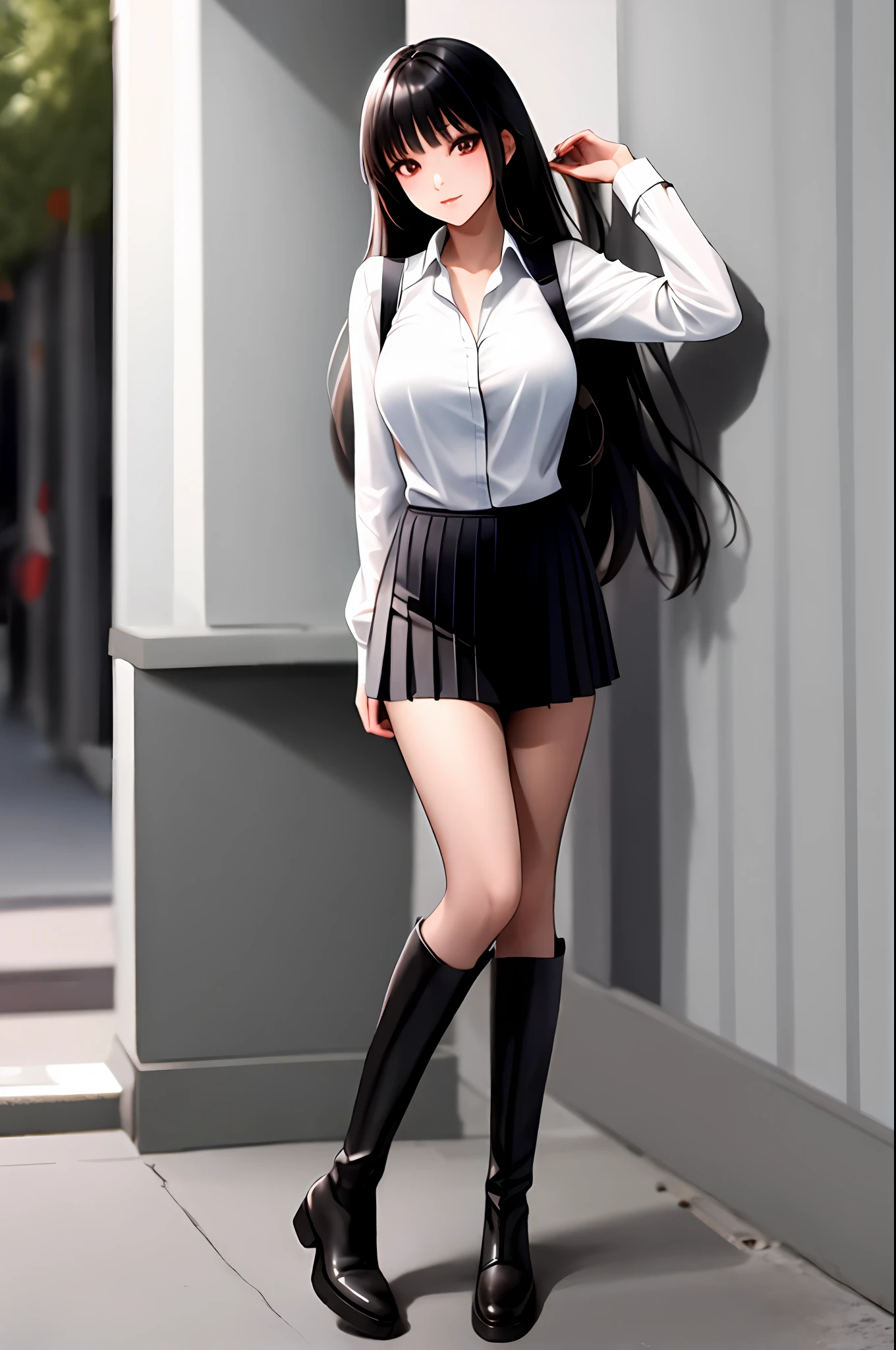 dynamic angle, absurdres,original,extremely delicate and beautiful,beautiful detailed eyes and face,1girl, black_hair, looking_at_viewer, solo,(masterpiece:1.4),(best quality:1.4),black leather boots, large breasts, black hair, red eyes, very long hair, school uniform, white shirt, pleated skirt, collared shirt, blunt bangs,