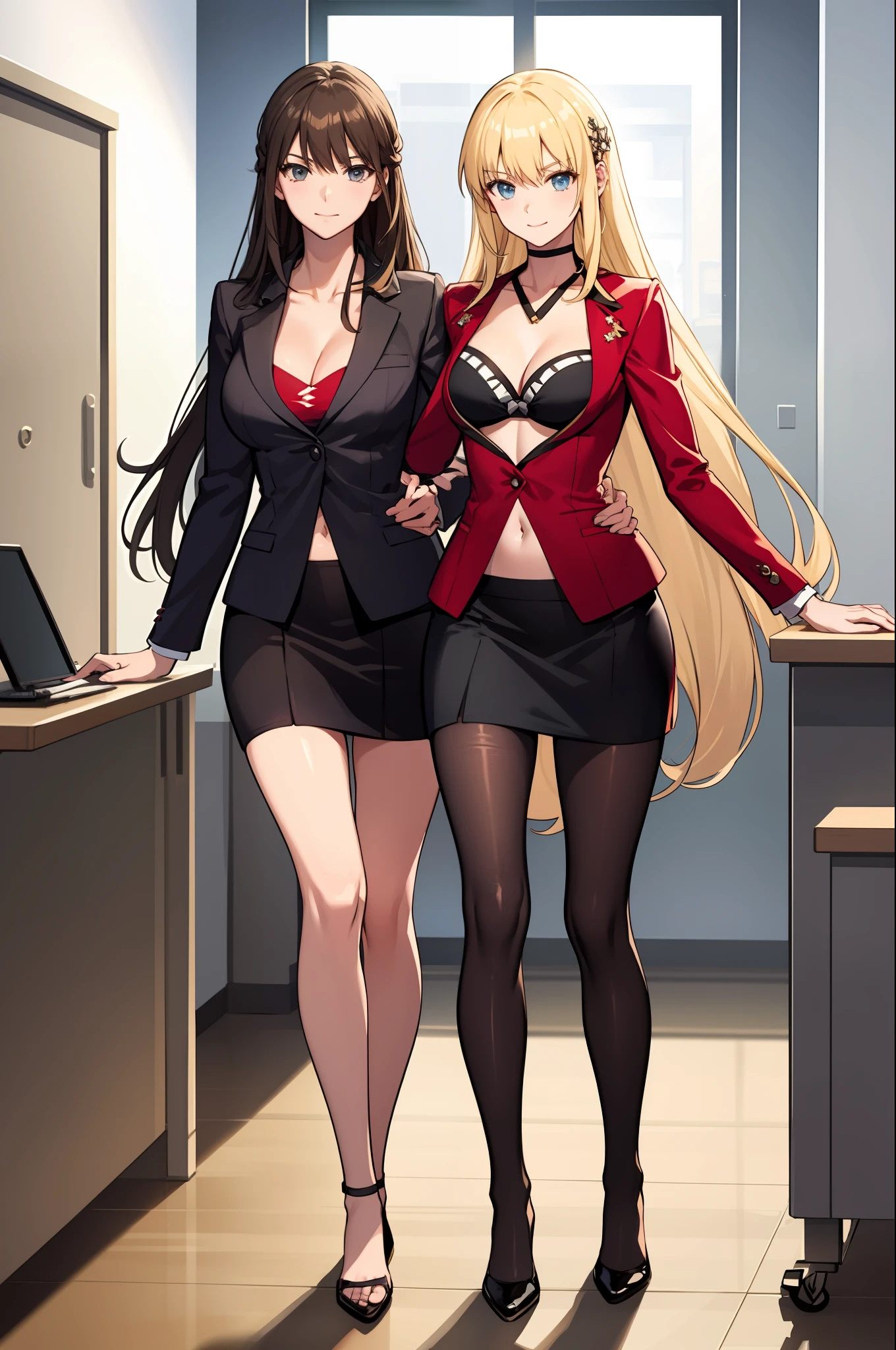 masterpiece, best quality, long hair,  medium ??????, cleavage, navel, slim legs, morgan fate blonde hair, soldier outfit, happy, short skirt, mature women, standing, office