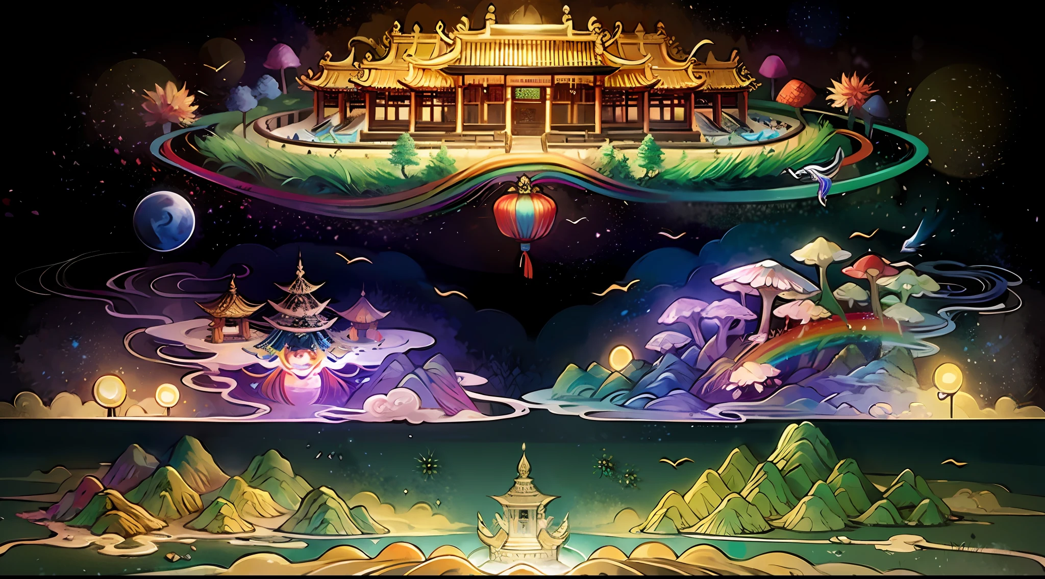 An ancient Chinese painting, ancient Chinese background, mountains, rivers, auspicious clouds, pavilions, sunshine,(psychedelic details),(mushrooms),(rainbow),(trippy),(DMT),(Buddha ),intricate details, more details, high details,masterpieces, super detail, epic composition, ultra HD, high quality, extremely detailed, official art, unified 8k wallpaper, Super detail, 32k -- v 6