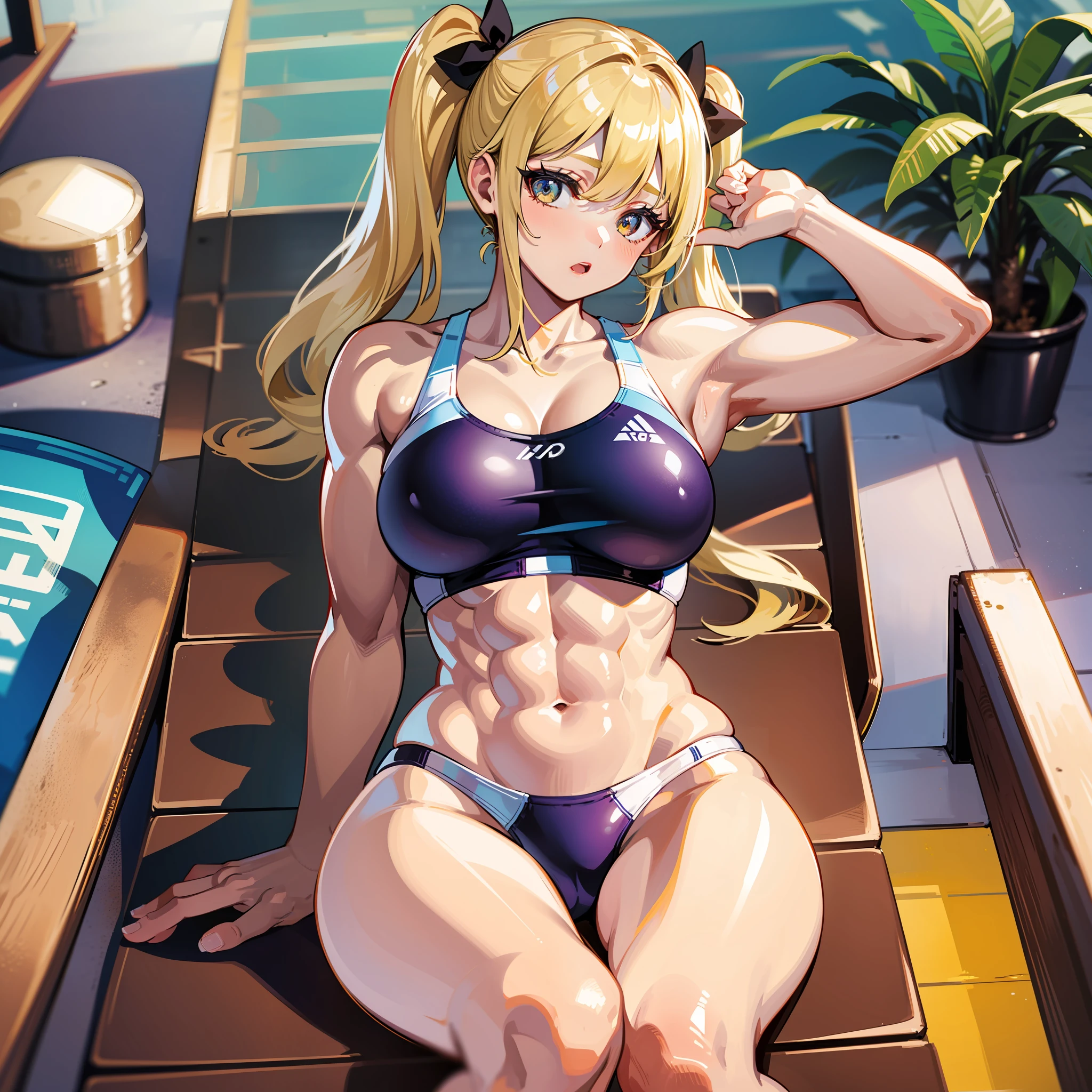 ((шедевр))、((Top image quality))、((Top image quality))、(Illustration of one woman)、Whole human body、((Thirty year old))、((neuter))、((Blonde twintails))、Light golden eyes、((tall))、((Muscular and strong body))、((Muscular and strong body))、((Split abs))、((muscular and thick arms))、((muscular and thick legs))、((manspreading))、opening legs、((Competitive swimsuit))、Sitting on a deck chair、in poolside