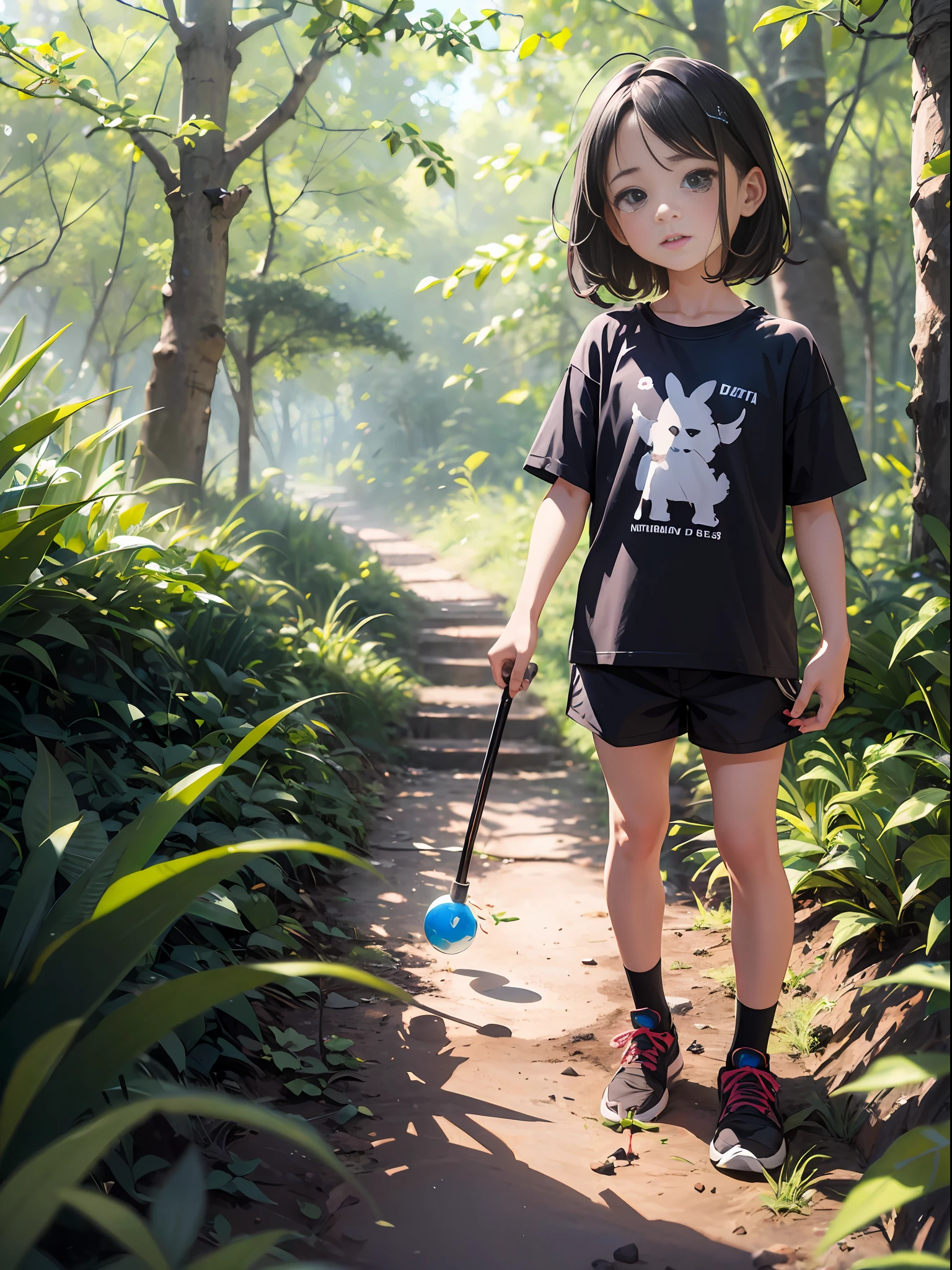 uma chamada Anne de 8 anos de idade, corpo inteiro, pele branca, olhos pretos, fleshy lips, cabelo preto liso na altura dos ombros, small hands, olhos grandes e castanhos, picking up small stones from the ground in a forest, usando coton shorts preto e camiseta preta sem desenho nesta camiseta, sem imagem tenis preto, Absurdo, melhor qualidade, somente, lateralmente, olhando para o espectador. The illustration is of an 8-yeartands on her side for the camera ((perspectiva lateral)) looking up standing crying a lot, ela usa shorts preto, black T-shirt and black sneakers.