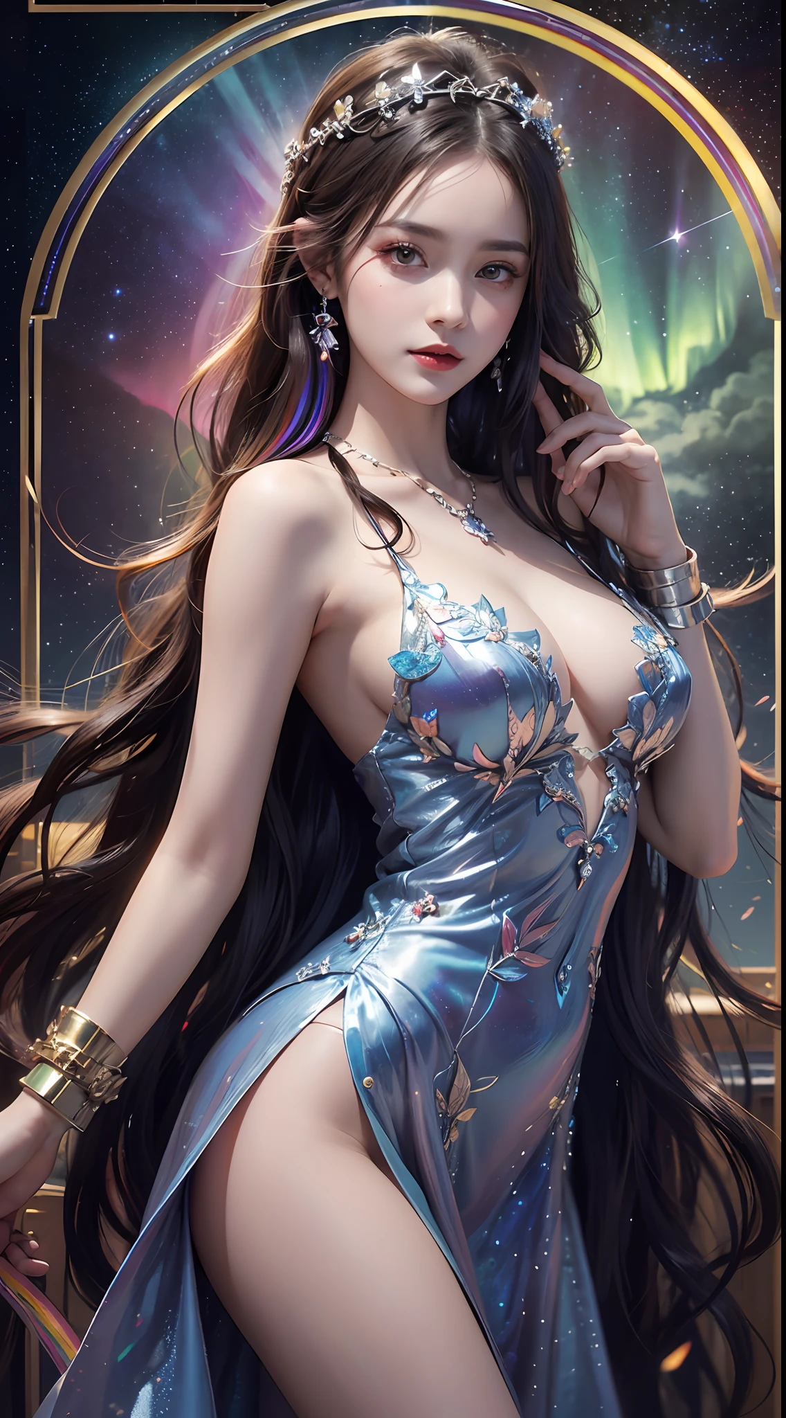 1 27-year-old girl, 1 zodiac goddess from the future, 12 zodiac goddess pink purple, 12 zodiac goddess face sexy thin yellow nightgown, long thin nightgown 12 zodiac many limbs sexy black lace detail, mythical goddess of the 12 zodiacs from the future, zodiac ♏, luxurious glittering zodiac style, dark and mysterious version, zodiac crown, lipstick red lips, thin and pretty lips, don't smile, keep your mouth shut, characters created by karol bak and pino daeni, intricate detail, detailed background, extremely detailed, light magic, a woman, clear face, looking at the upper body of the goddess of the zodiac, round breasts, big and round breasts, phoenix hair brooch, long hair with bangs, (Long hair has 7 colors like rainbow:1.9), beautiful detailed face and well-proportioned eyes, (transparent yellow eyes: 1.8), big round eyes and very beautiful and detailed makeup, visionary, long silk nightgown, mysterious makeup, Bracelets, side bangs and dye pale yellow, upper body, (zodiac goddess upper body: 1.8), drooping arms, Realistic and vivid photo, (stars that make up the zodiac: 1.7), ( sky zodiac and fictitious space and time portal: 1.8), fiction art, RAW photo, hanfu photo, best photo , high_res, best quality, best photo, 8k quality, 8k ultra , surrealism, the most economical real photo, artistic portrait of 12 zodiac signs, 1 symbol of 12 zodiac signs behind, single portrait of 12 zodiac goddess, The most realistic color scheme, best photo color, masterpiece, hair ornament, necklace, jewelry, Beautiful face, upper body, tyndall effect, photo realistic, dark studio, border light, two tone light, (detailed skin) high: 1.2), 8k uhd, dslr, soft light, high quality, volumetric light, candid, Photo, high resolution, 4k quality, 8k, Bokeh, Smooth and sharp, pixel up 10 times, Charming zodiac goddess, sexy zodiac goddess, (background space: 1.8), (galaxy: 1.7), aurora, lightning, (Aurora Background: 1.8) <lora:locon_perfecteyes_v1_from_v1_, beautiful goddess and flowers,