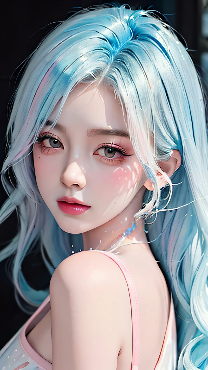 （a masterpiece of、Best Quority、A high resolution），white backgroung，Acrylic paints，（（splash of color，Splash ink、Color splattering）），Sweet Chinese girl，Long light blue hair，[light blues|Pinku]the hair，Hair with curls，glitters，Pink lips，White colored shirt，The front,A big-breasted