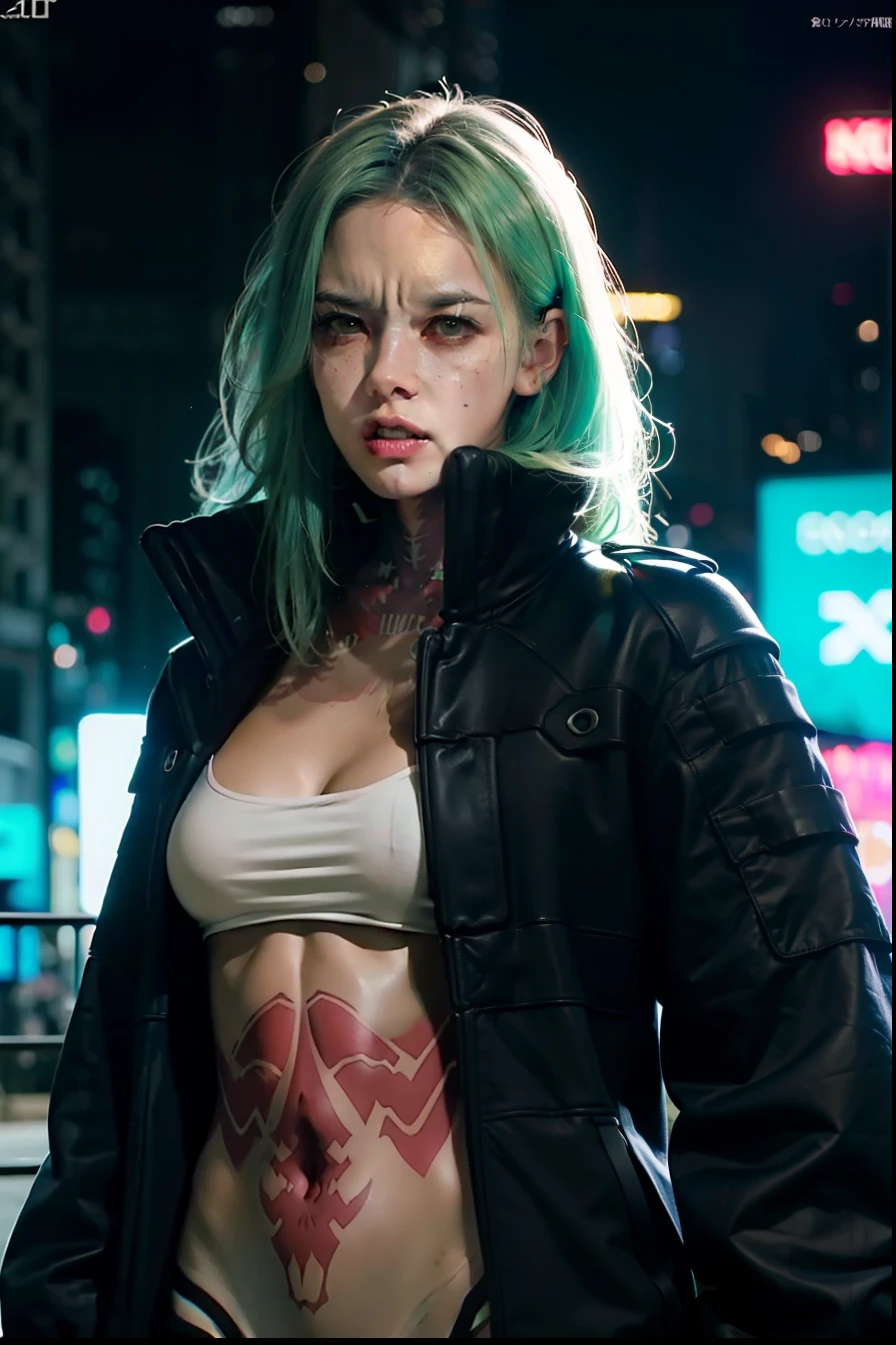 (cinematic, 8k, best quality, masterpiece: 1.2), (realistic, photo-realistic: 1.37), ultra-detailed, soft light, best quality, ultra highres, raw photo in HDR, sharp focus, intricate texture, skin imperfections, 1 girl, cute, solo, raw photo, Rebecca a robotic girl with green hair, pink tattoo on neck and belly, crazy face with rage, wearing a black jacket with yellow details,  19yo, camel fingers, slim body, warm body, shiny skin, realistic textures, reflected lighting, volumetric lighting. Background a cyberpunk city at night, neon lighting.