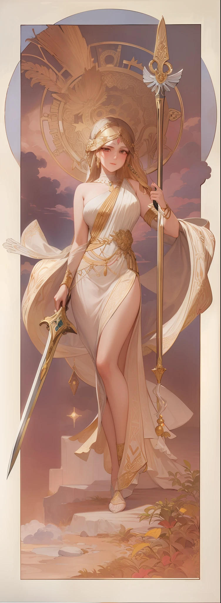 A beautiful woman with a sword and spear in her hand, Long hair stands on end，Ancient Greek style clothes，Goddess of battle，In the clouds in the sky，Thomas Blackhill, Michael Parkes, j. c. leyendecker 8 k, greek goddess athena, j c leyendecker 8 k, alphonse mucha j. c. Ryan Decker, portrait of celtic goddess diana, venus godness athena, alphons mucha