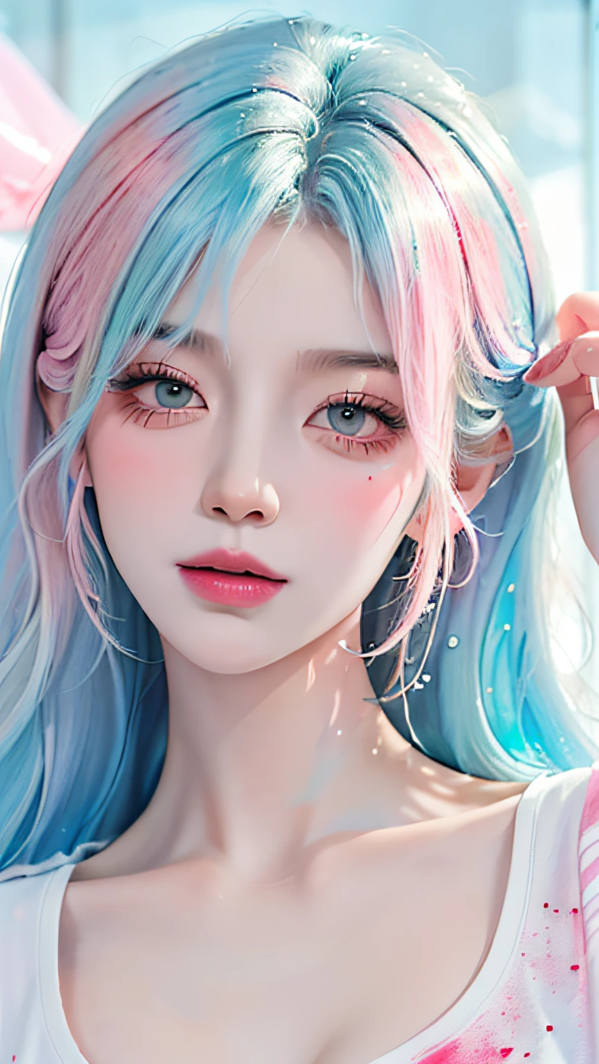 （a masterpiece of、Best Quority、A high resolution），white backgroung，Acrylic paints，（（splash of color，Splash ink、Color splattering）），Sweet Chinese girl，Long light blue hair，[light blues|Pinku]the hair，Hair with curls，glitters，Pink lips，White colored shirt，The front，Upper body body,A big-breasted