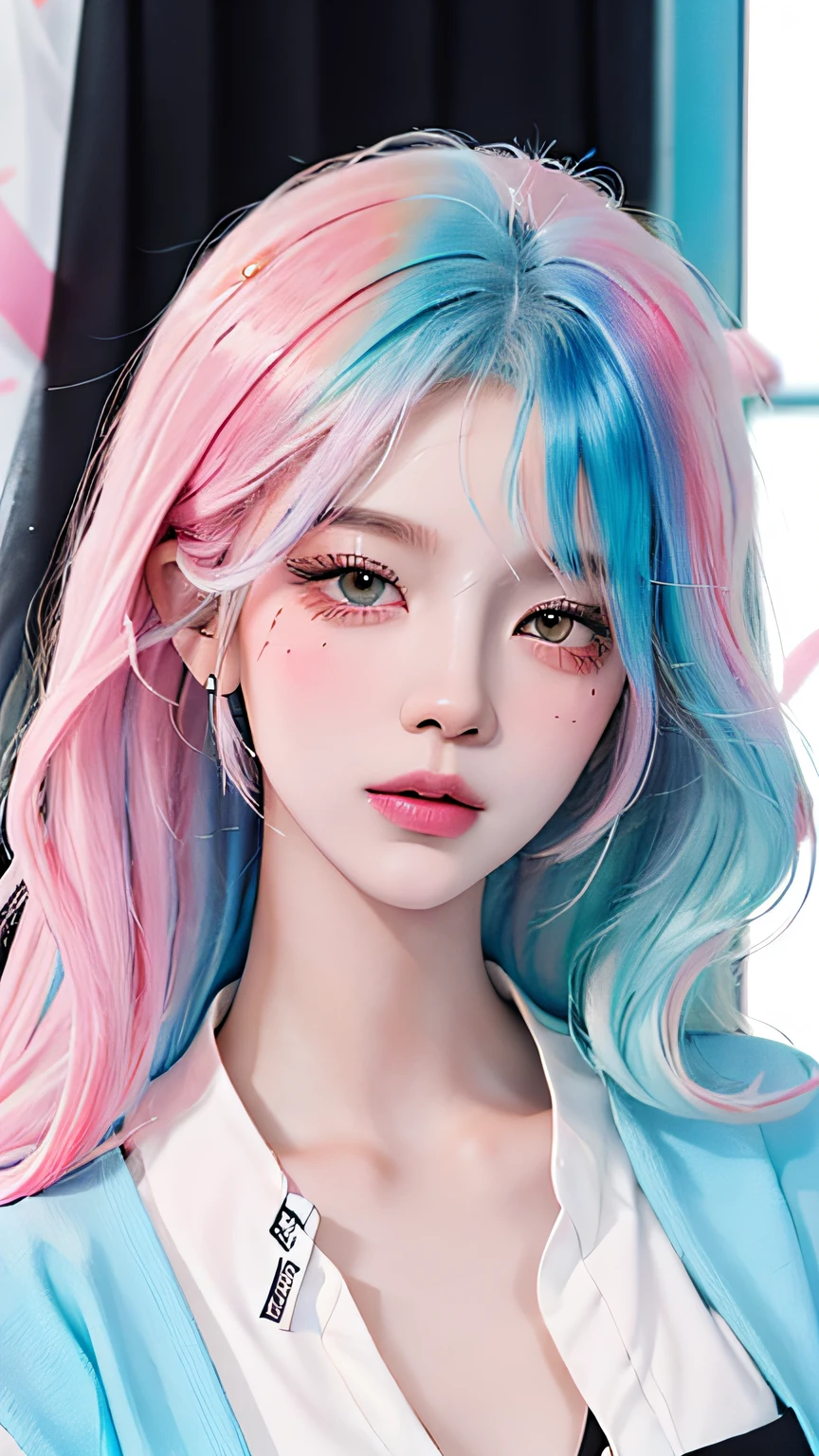 （a masterpiece of、Best Quority、A high resolution），white backgroung，Acrylic paints，（（splash of color，Splash ink、Color splattering）），Sweet Chinese girl，Long light blue hair，[light blues|Pinku]the hair，Hair with curls，glitters，Pink lips，White colored shirt，The front，Upper body body,A big-breasted