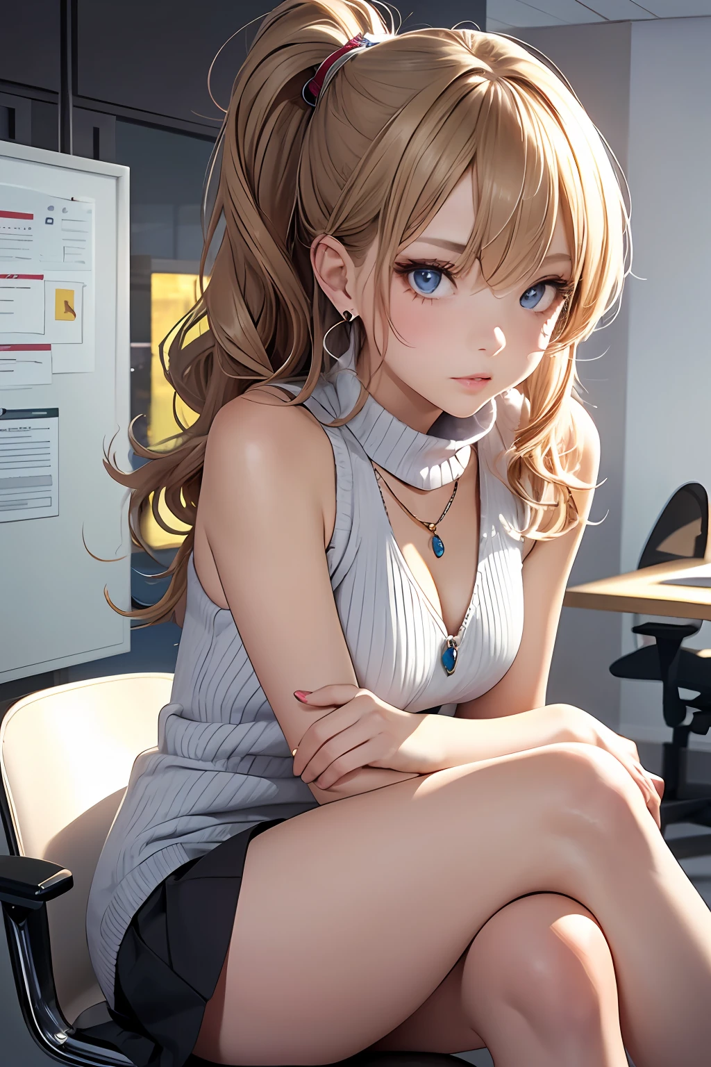 first-person-view, (Innocent and Cute girl:1.3), (Wearing sleeveless turtleneck sweater: 1.2), (Pleated mini skirt of white colors:1.2), (Thin black tights), ((Zettairyouiki:1.3)), (High-Ponytail hairstyle, Dark blond hair, wavy hair), medium large breasts, (Sitting on the Office chair with one's legs crossed:1.4), looking up at me, (Full body shot:1.2), BREAK, (Masterpiece: 1.3), (Maximum resolution: 1.2), (Ultra HDTV: 1.2), Cinema Light, Ultra HDTV, (Detailed eyes and skin:1.2), (Detailed facial features), HDR, 8k resolution, Sharp focus: 1.2, Perfect style, Beautiful face, beautiful legs, accurate, anatomically correct, Highly detailed face and skin texture, Detailed eyes, Blue eyes, Double eyelids, Thin eyebrows, Glitter Eyeliner, Natural cheeks, fair skin: 1.2, earrings, without a shiny small necklace, (Glossy lips: 1.4),