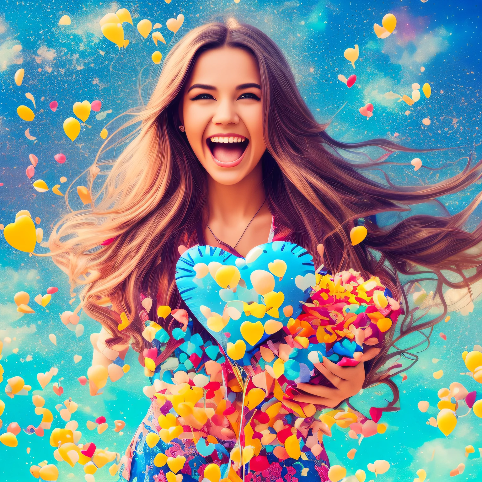 The image shows a woman holding a heart-shaped balloon, ready to release it into the sky. Ela tem um sorriso confiante, and her eyes reflect determination. In the background, a blue and sunny sky represents emotional freedom. This image represents the process of emotional detachment and restoration of self-esteem, illustrating the idea of letting go and making room for a fresh start.