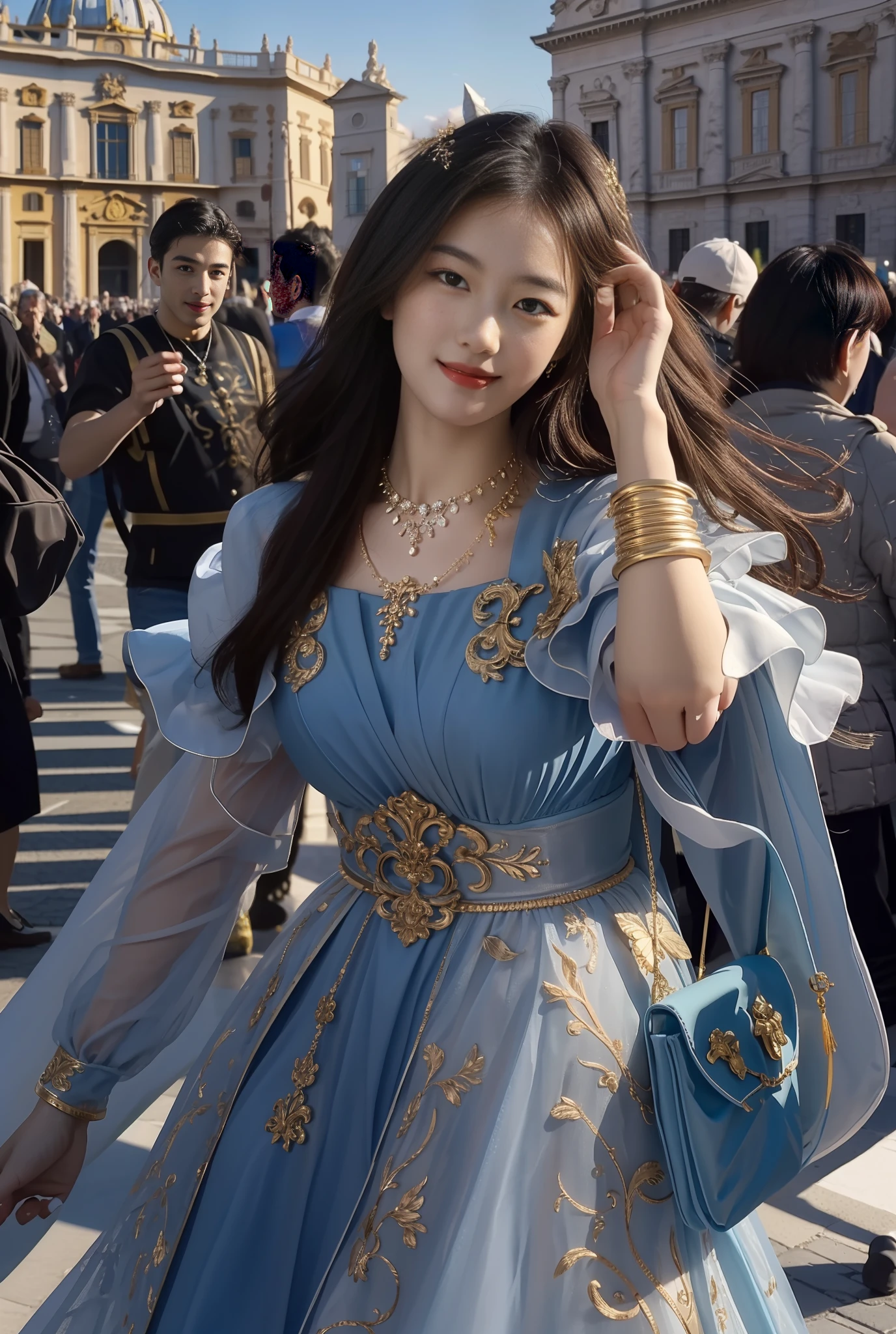 巨作, 4K, Best quality, FELute, necklace,Gorgeous dress, (on the St. Peter's Square of Vatican,crowd of),Bracers, Cowboy shot, lookatthe viewer, Smirk, Hand up