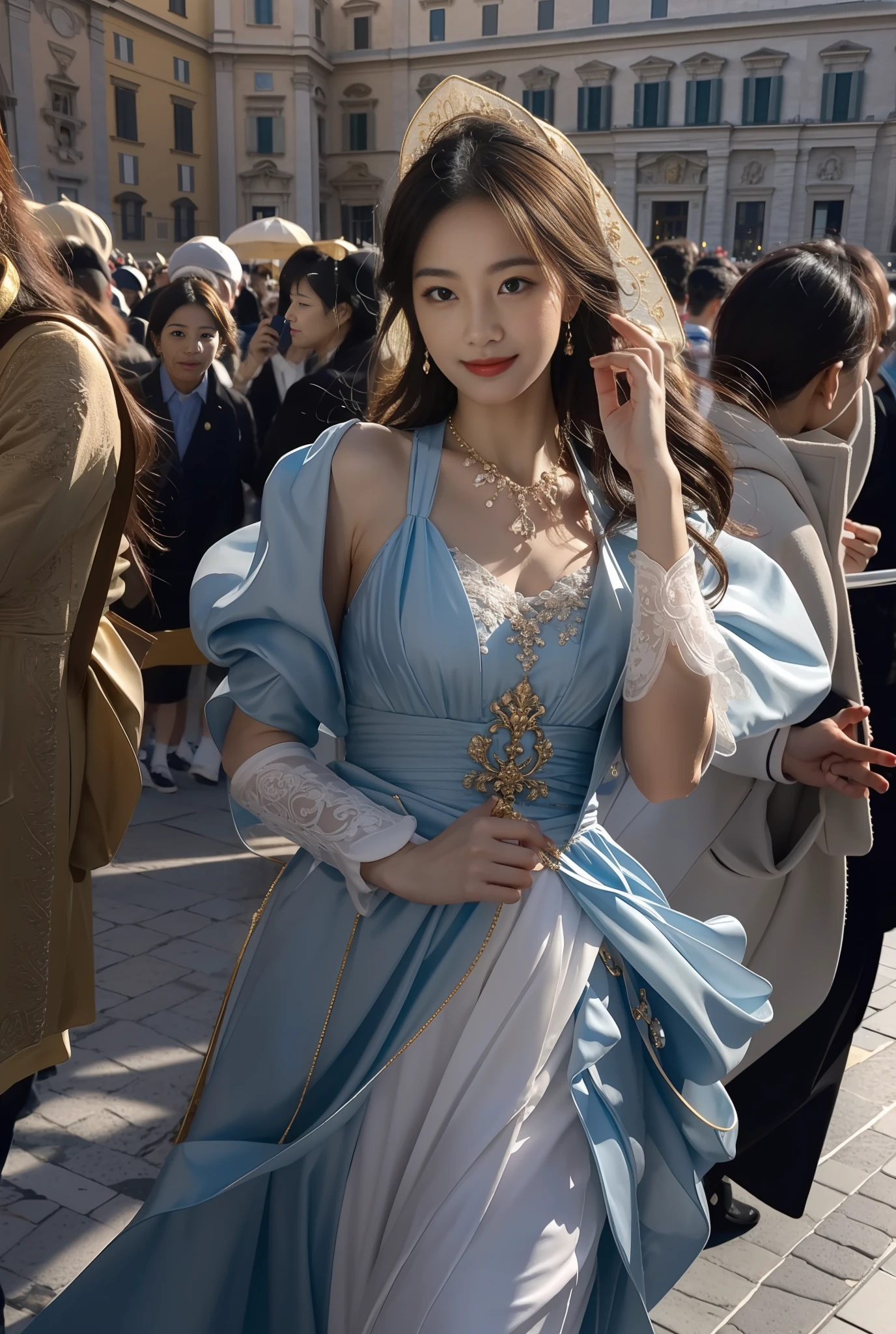 巨作, 4K, Best quality, FELute, necklace,Gorgeous dress, (on the St. Peter's Square of Vatican,crowd of),Bracers, Cowboy shot, lookatthe viewer, Smirk, Hand up