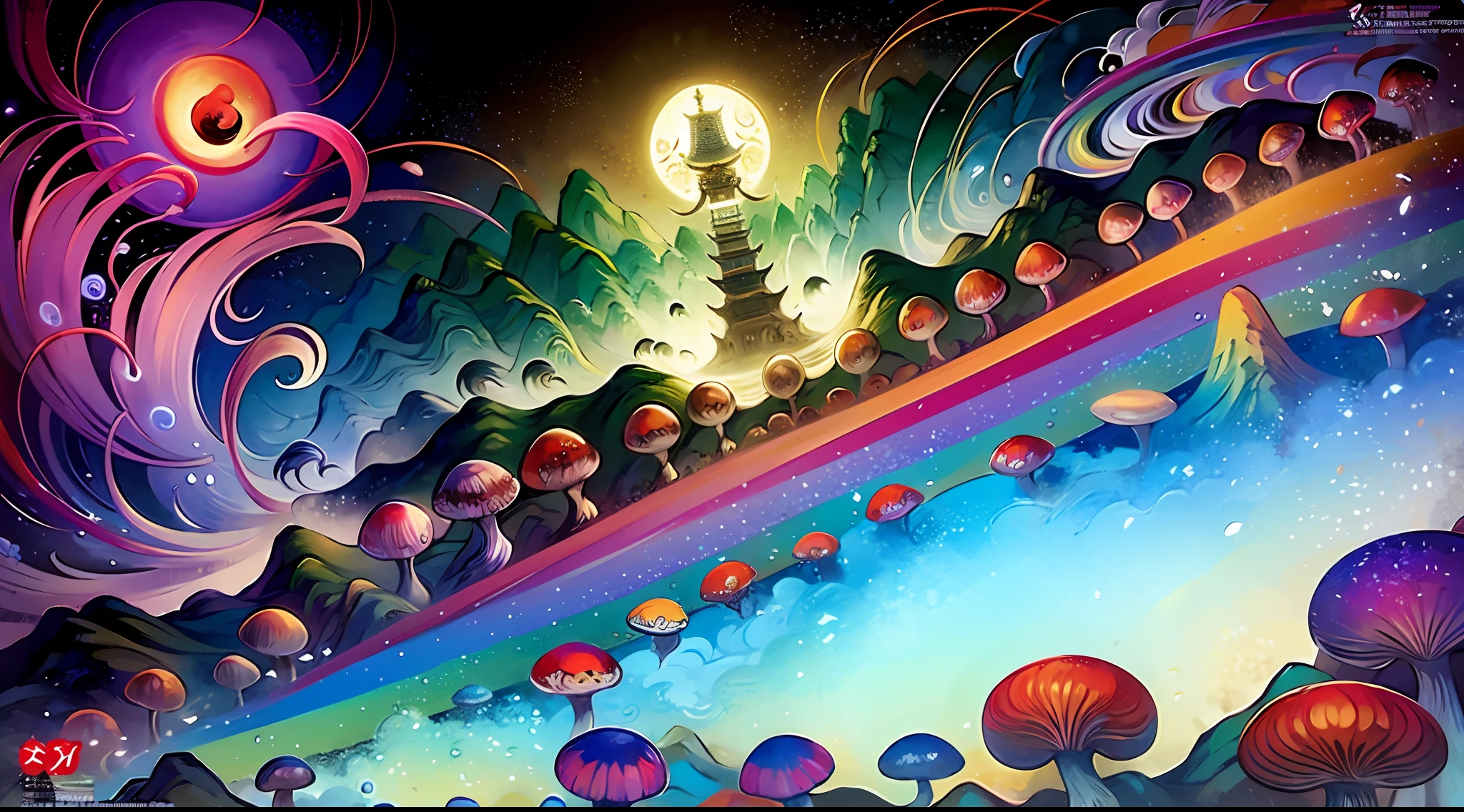 An ancient Chinese painting, ancient Chinese background, mountains, rivers, auspicious clouds, pavilions, sunshine,(psychedelic details),(mushrooms),(rainbow),(trippy),(DMT),(bodhisattva),intricate details, more details, high details,masterpieces, super detail, epic composition, ultra HD, high quality, extremely detailed, official art, unified 8k wallpaper, Super detail, 32k -- v 6