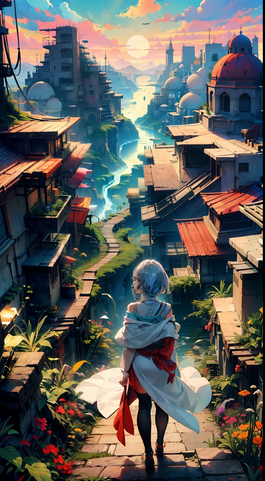 Overlooking the sea, 1 Whole body of a girl, elvish, has silver hair, Red Eyes, bob cuts, Braids, Sorcerer, robe, frilld, tights, cloak, Greek-style city, concept-art, beautiful anime scene, Beautiful anime scenery, beste-Qualit, шедевр