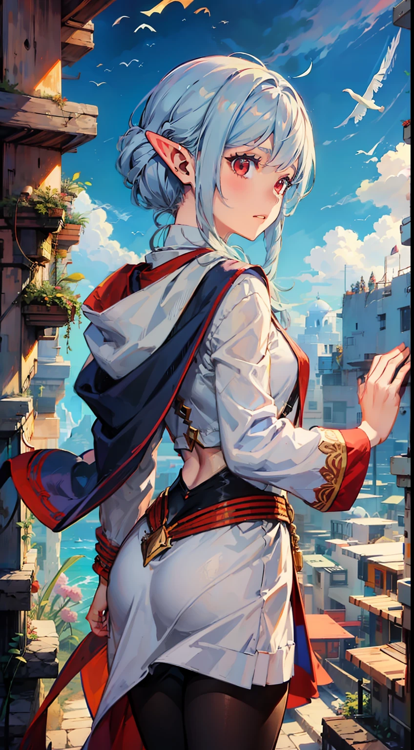 Overlooking the sea, 1 Whole body of a girl, elvish, has silver hair, Red Eyes, bob cuts, Braids, Sorcerer, robe, frilld, tights, cloak, Greek-style city, concept-art, beautiful anime scene, Beautiful anime scenery, beste-Qualit, шедевр