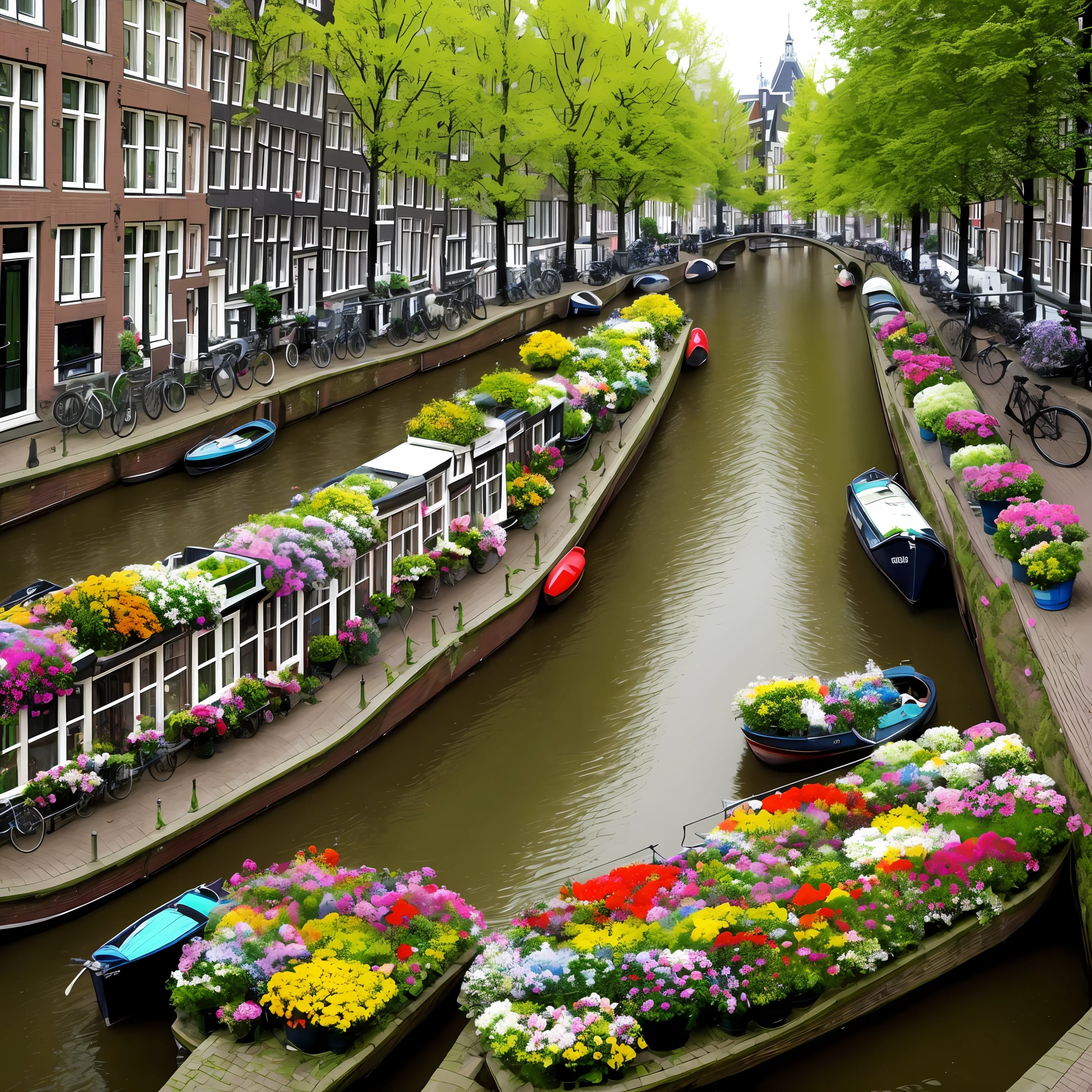 PROMPT: amsterdam, netherlands, canals, bicycles, flowers, Josh Adamski --s 400 --