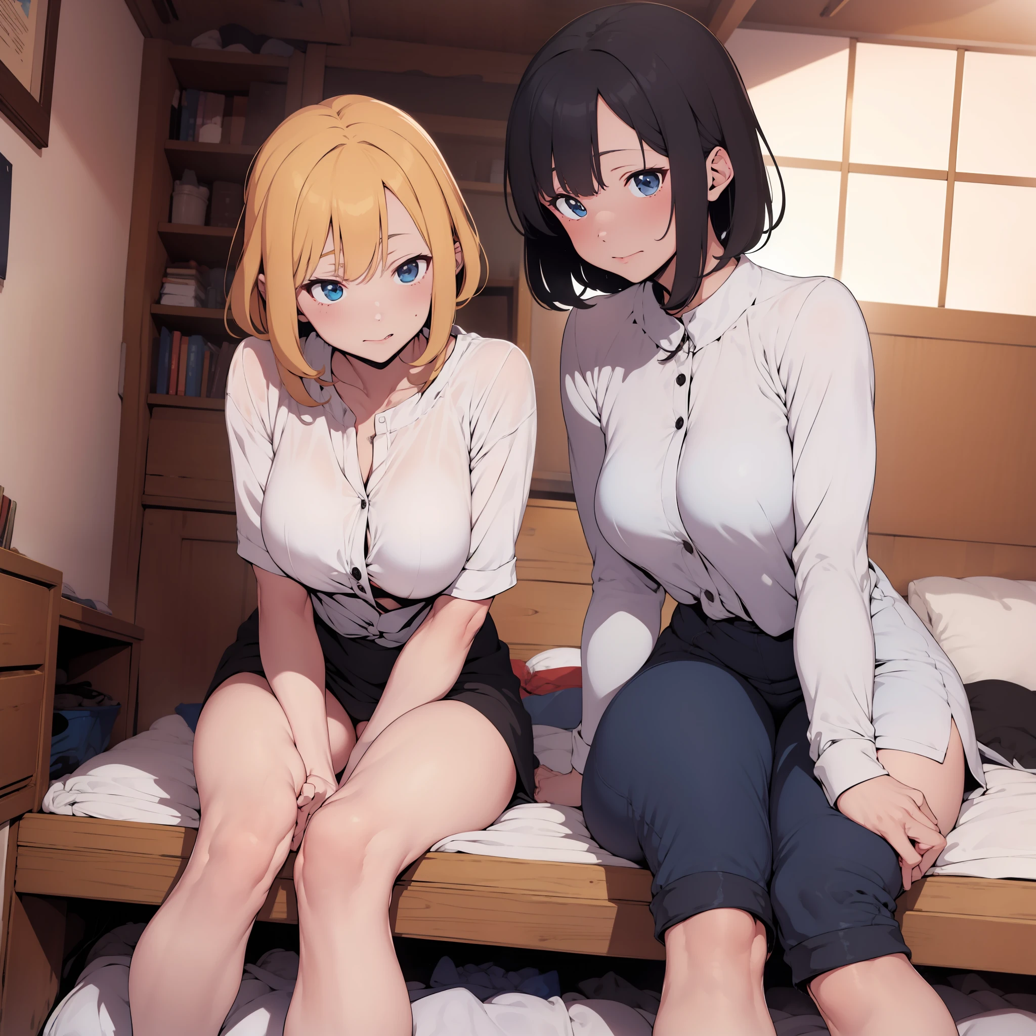 one girl, white blouse,hotpink striped panties,boobs,tall of a person,thin,sharp eyes, beautiful face,slender face,sitting with legs tucked under,hands between legs, flushed cheeks,cool,short bob,wave hair,gold hair,blue eyes,indoor,on the bed,masterpiece, extremely fine and beautiful, illustration, anime, black thick outline, licking each other